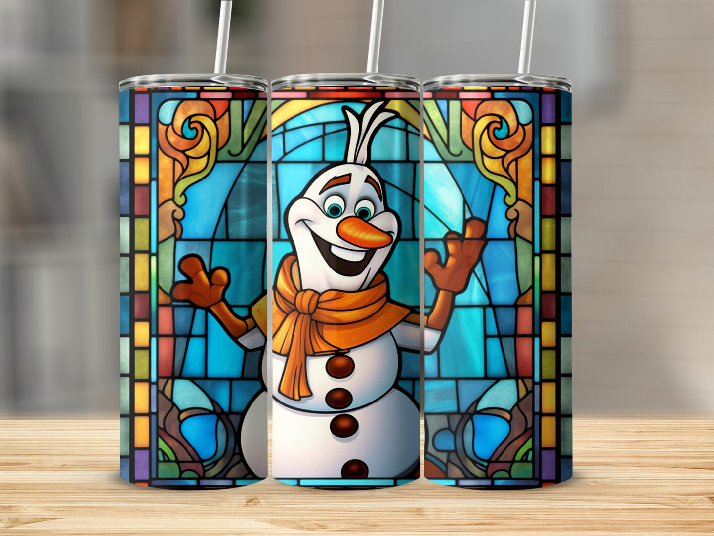 Cheerful Cartoon Snowman Stained Glass Tumbler Design