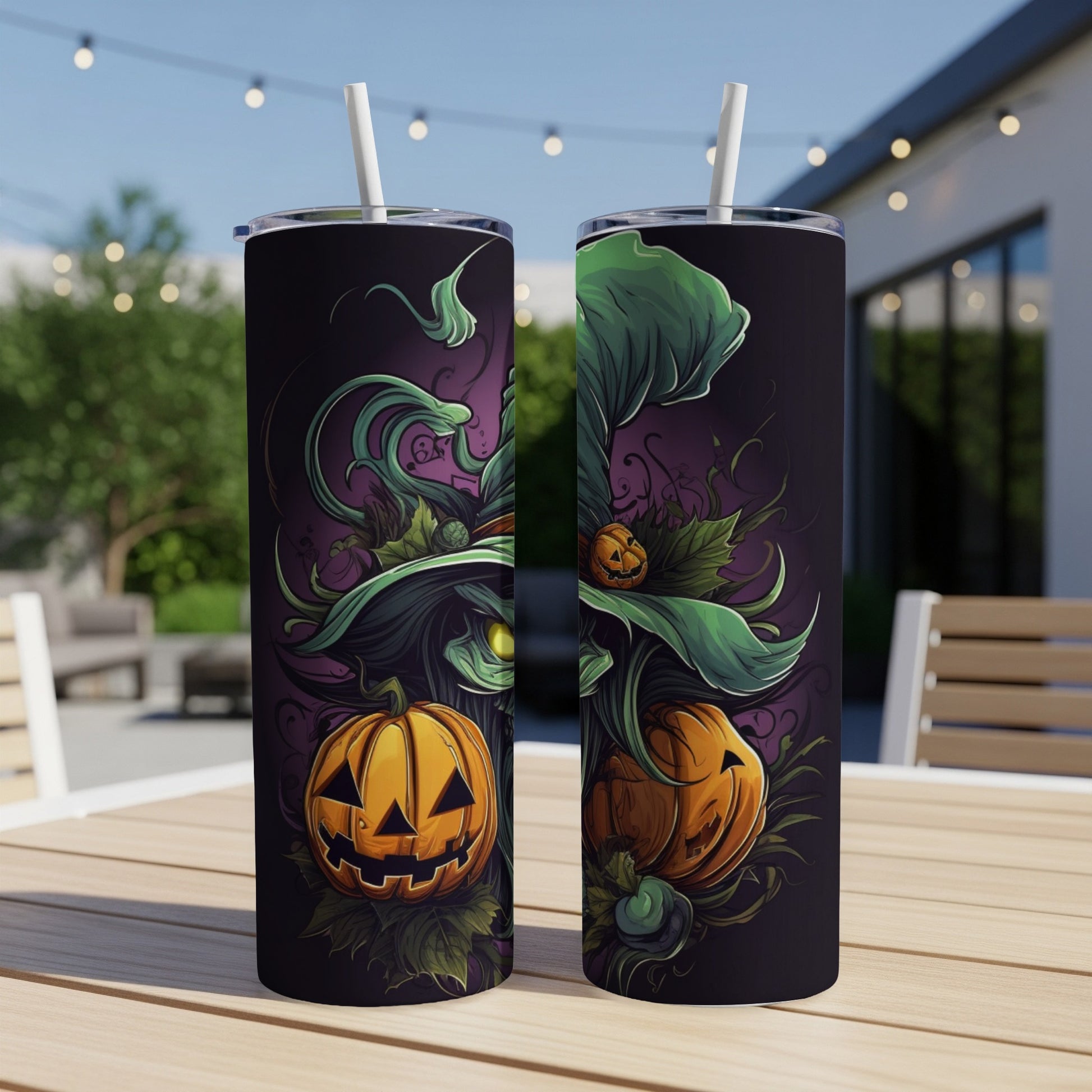 Two tumblers with a Halloween witch and jack-o'-lantern design.