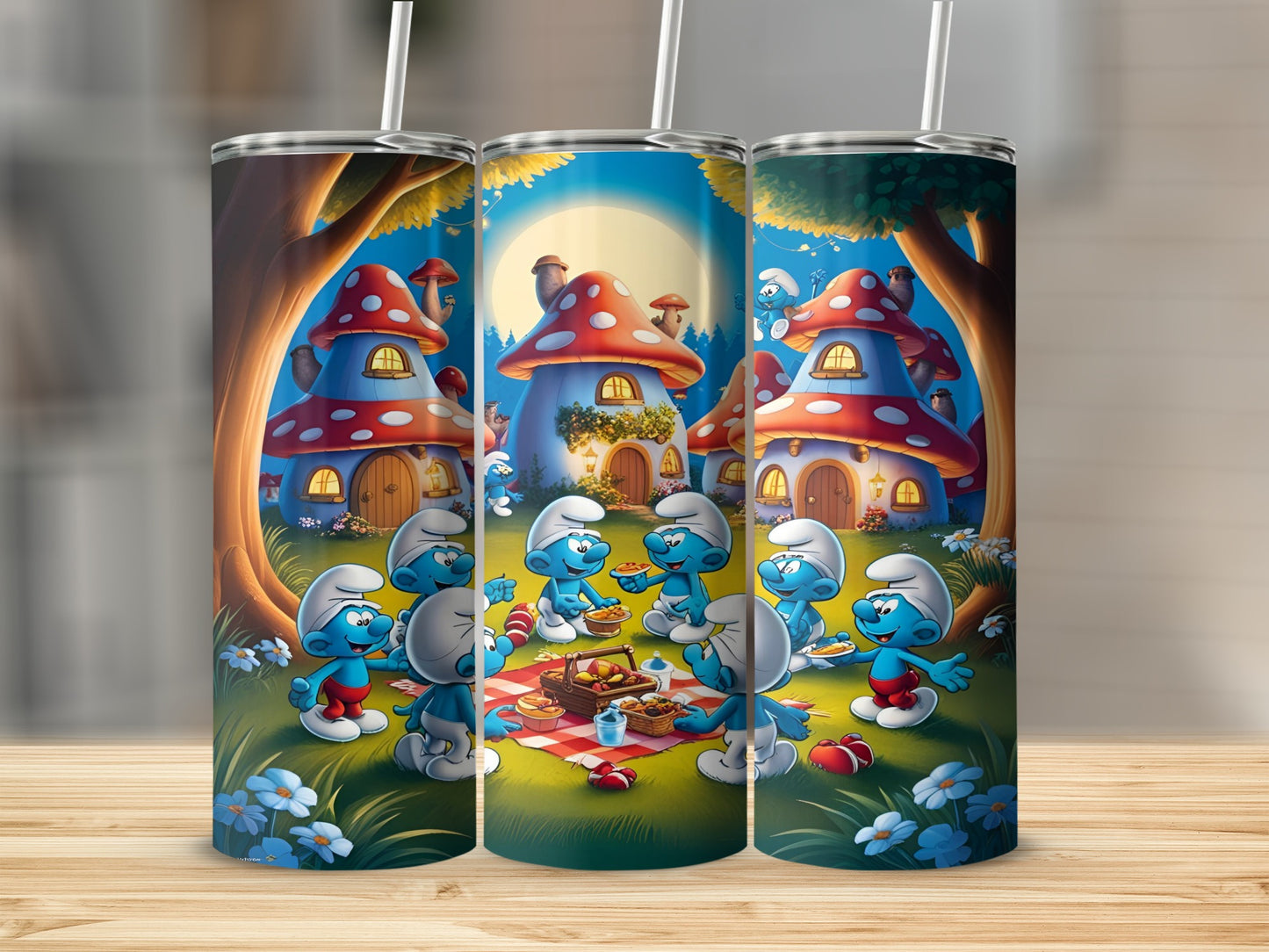 Smurfs having a picnic in front of Smurf village houses.
