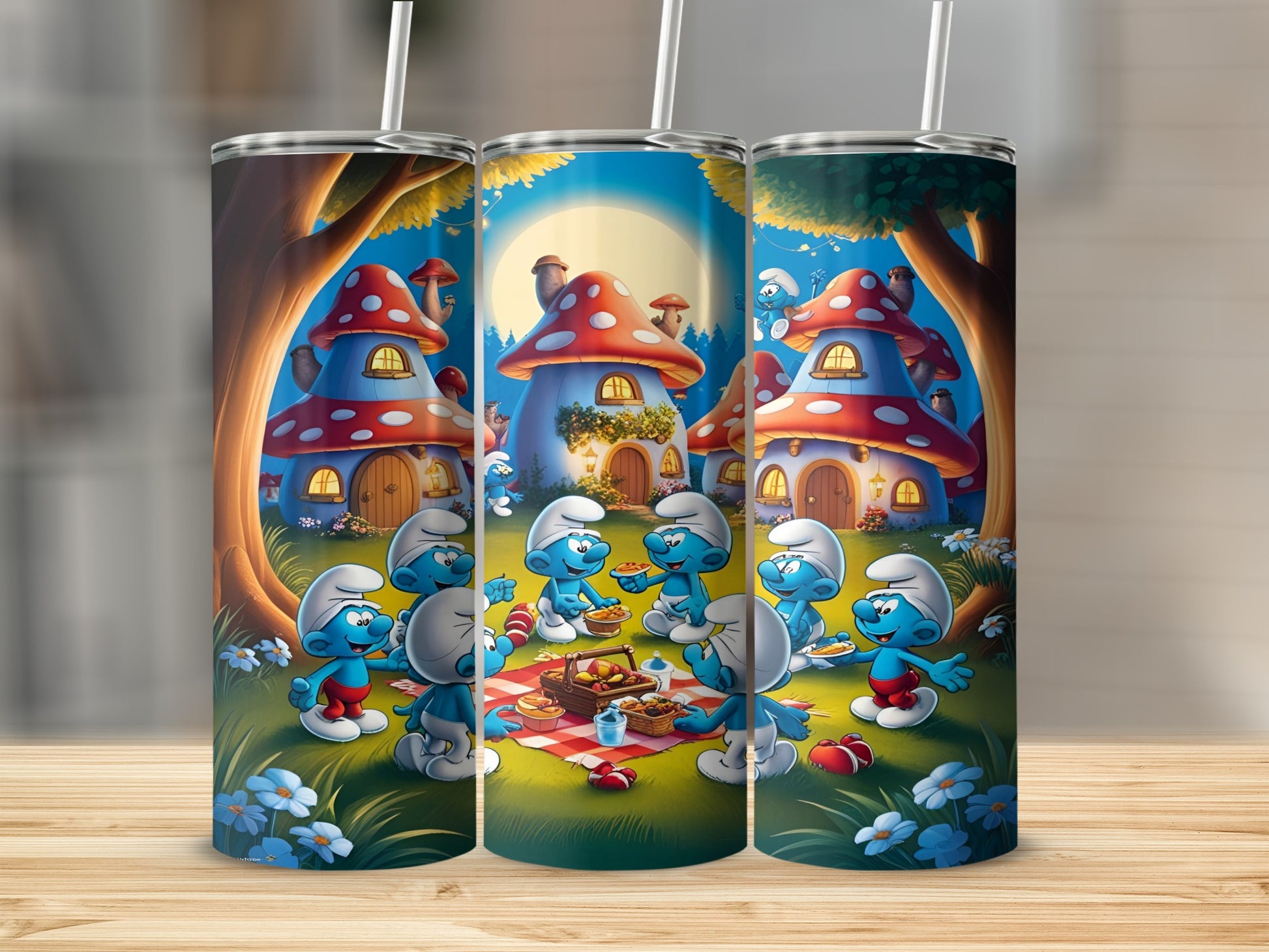 Smurfs having a picnic in front of Smurf village houses.