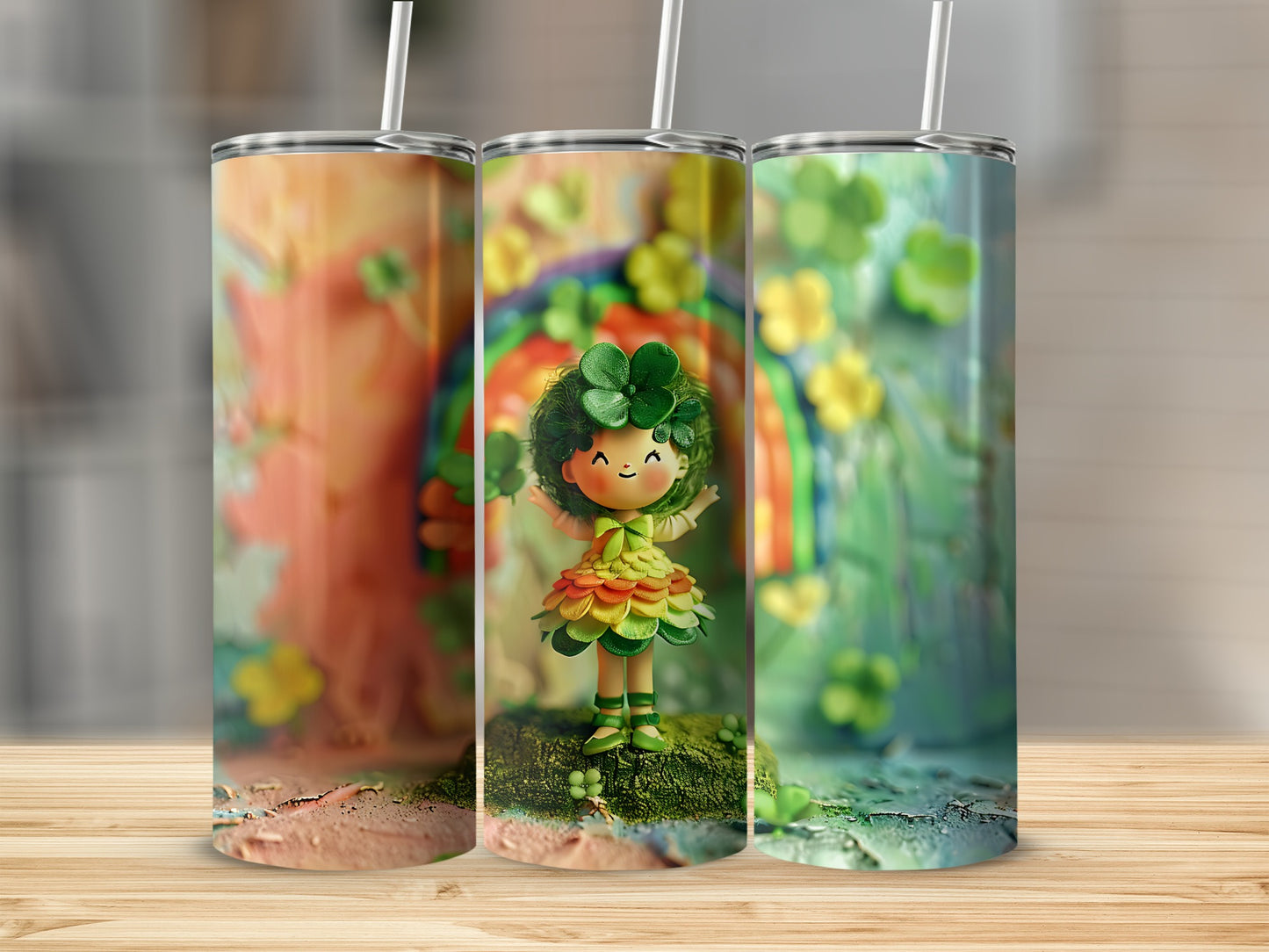 Three Saint Patrick's Day tumblers with shamrocks, rainbows, and a leprechaun girl.