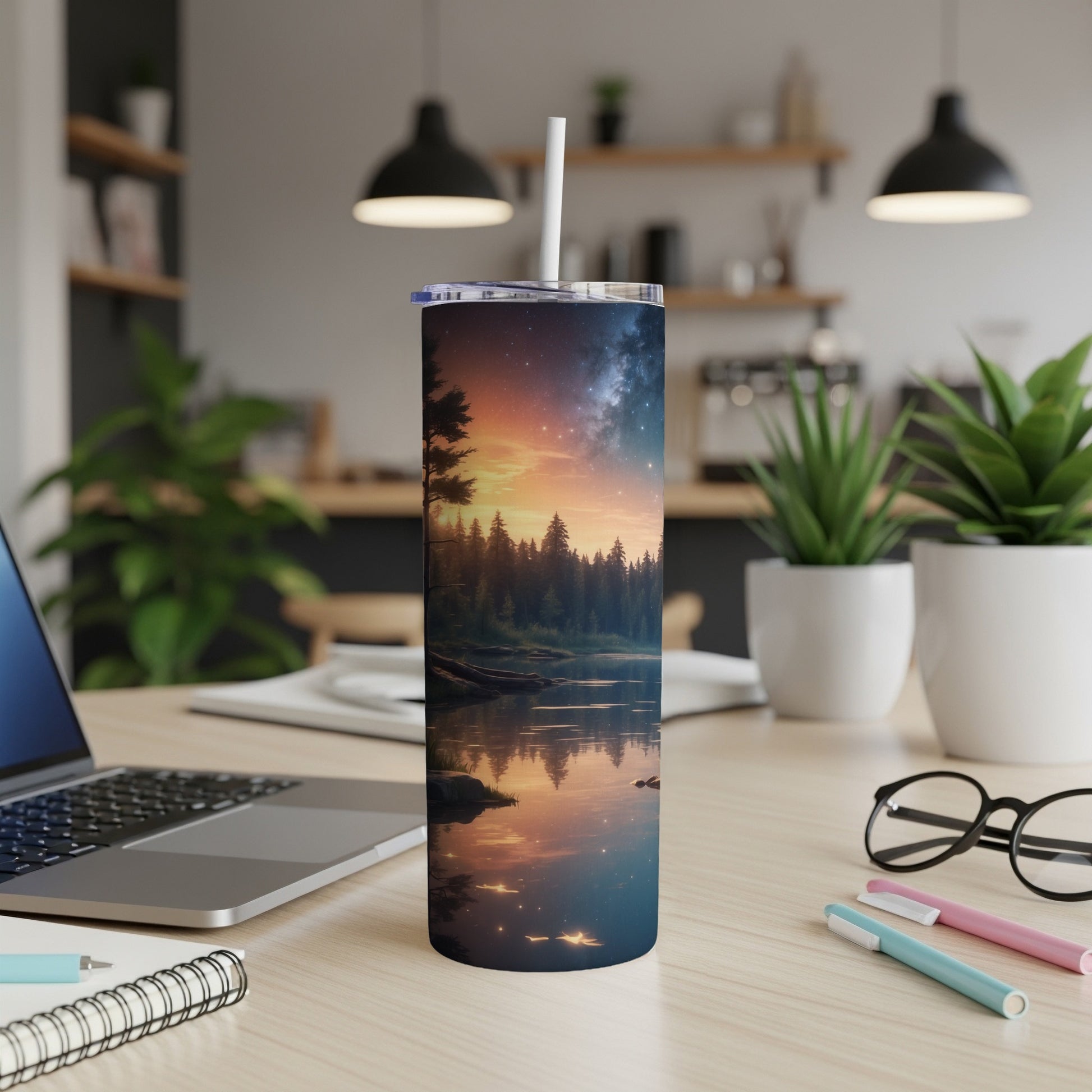 Tumbler with a sunset over a forest lake, stars in the sky.