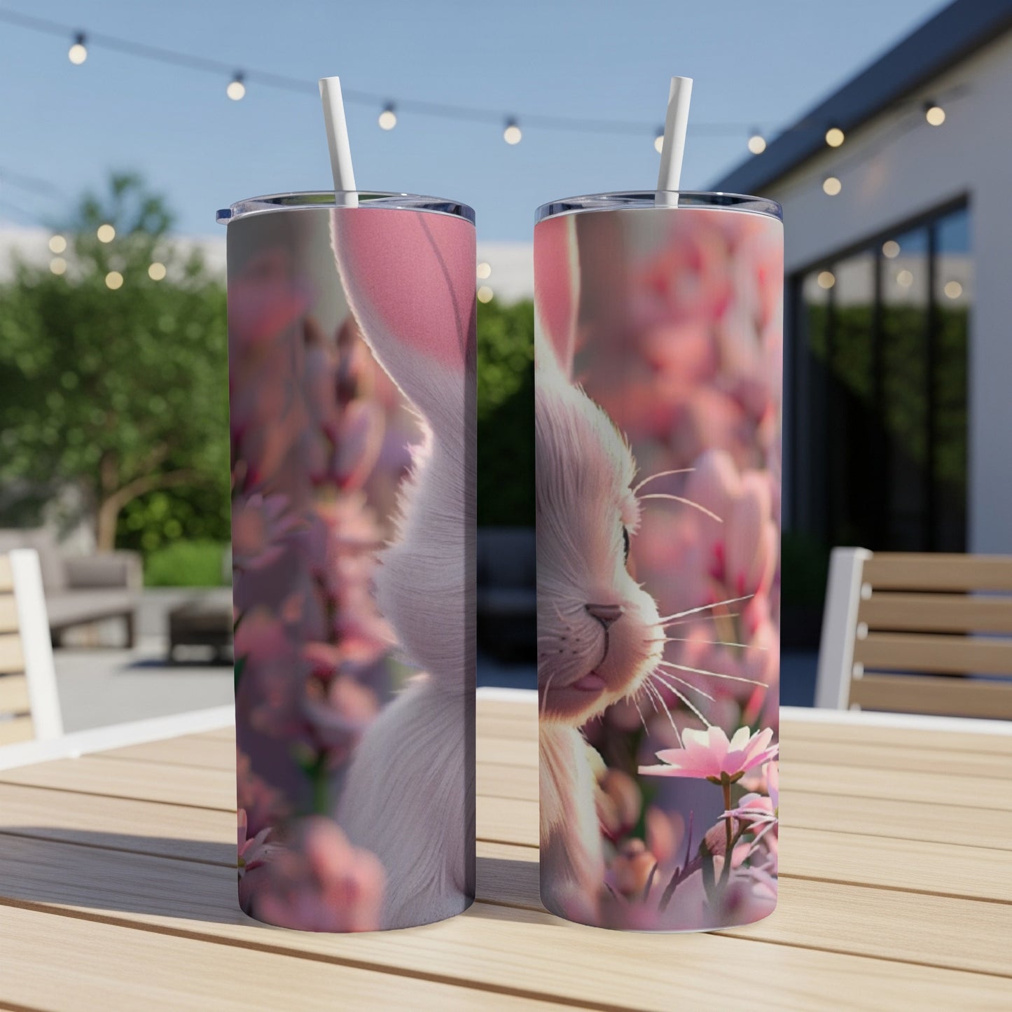 White bunny peeking through pink floral background on two tumblers.