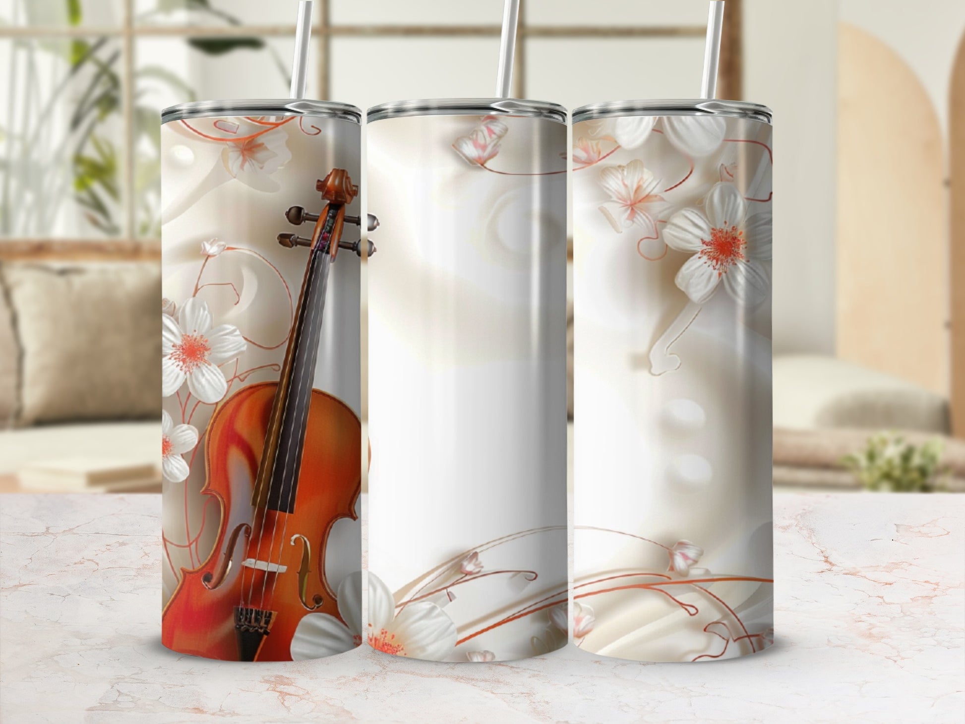 Violin with floral accents on a cream background.