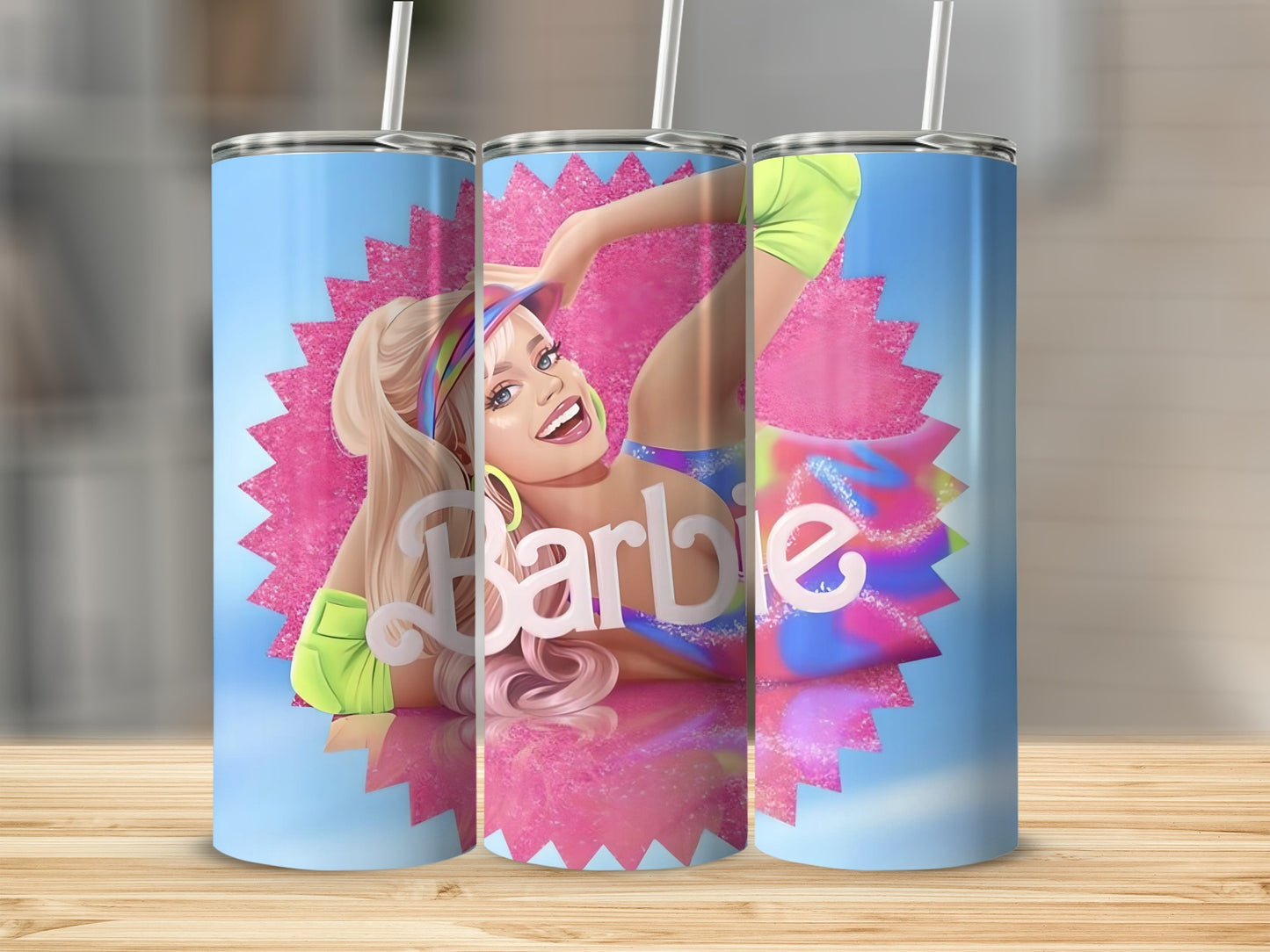 Barbie Blonde Hair With Neon Pink And Colorful Art Tumblers