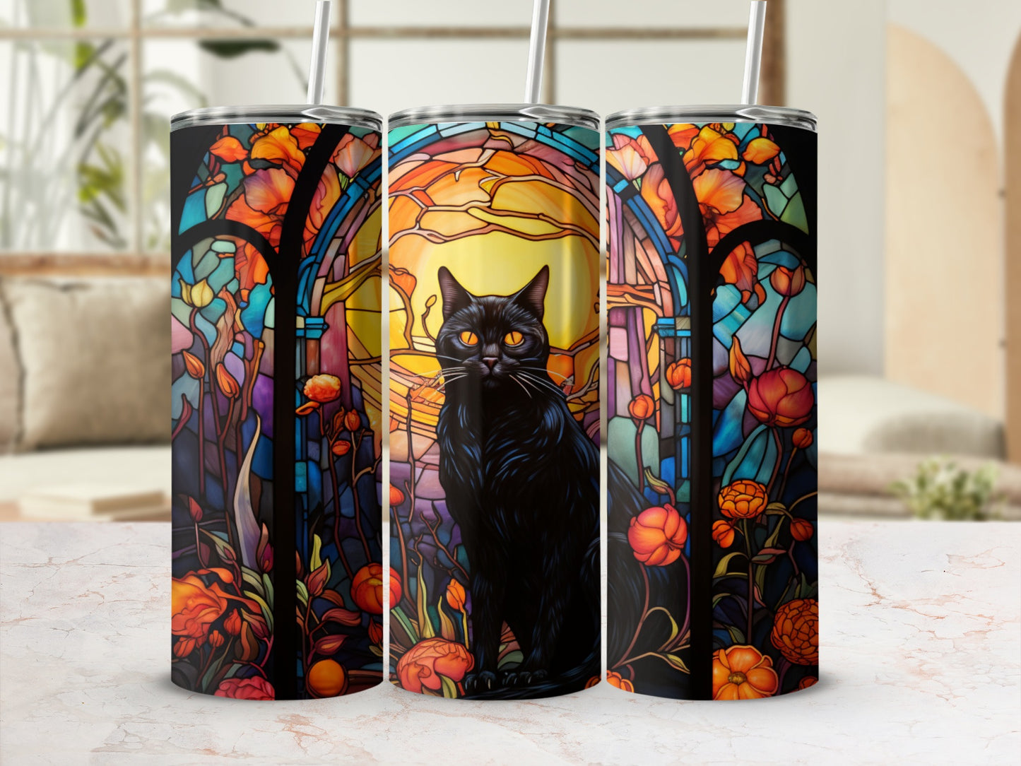 Black cat in stained glass, surrounded by floral art on three tumblers.