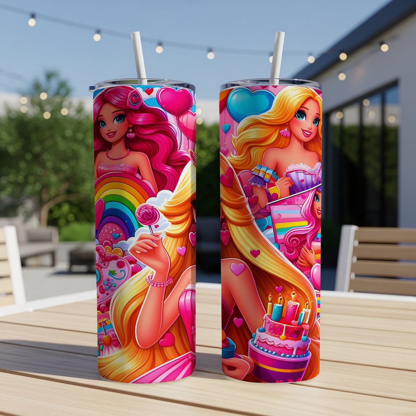 Two pink tumblers with Barbie-themed designs featuring cake, balloons, and hearts.