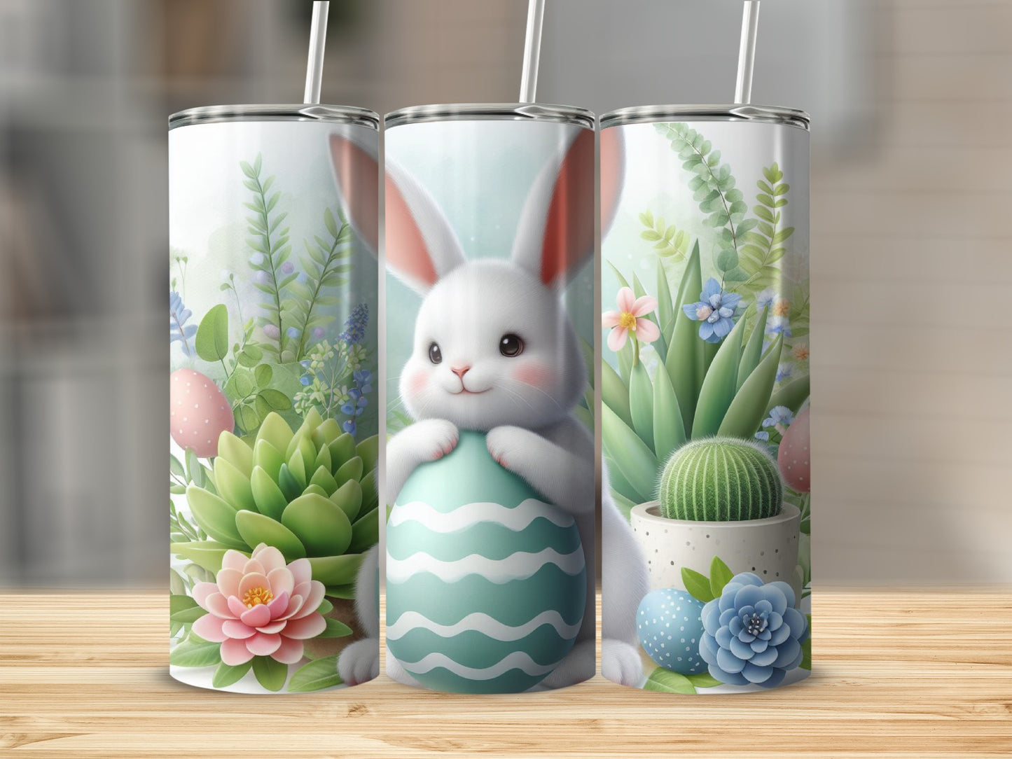 Easter bunny holding teal egg among succulents and flowers.