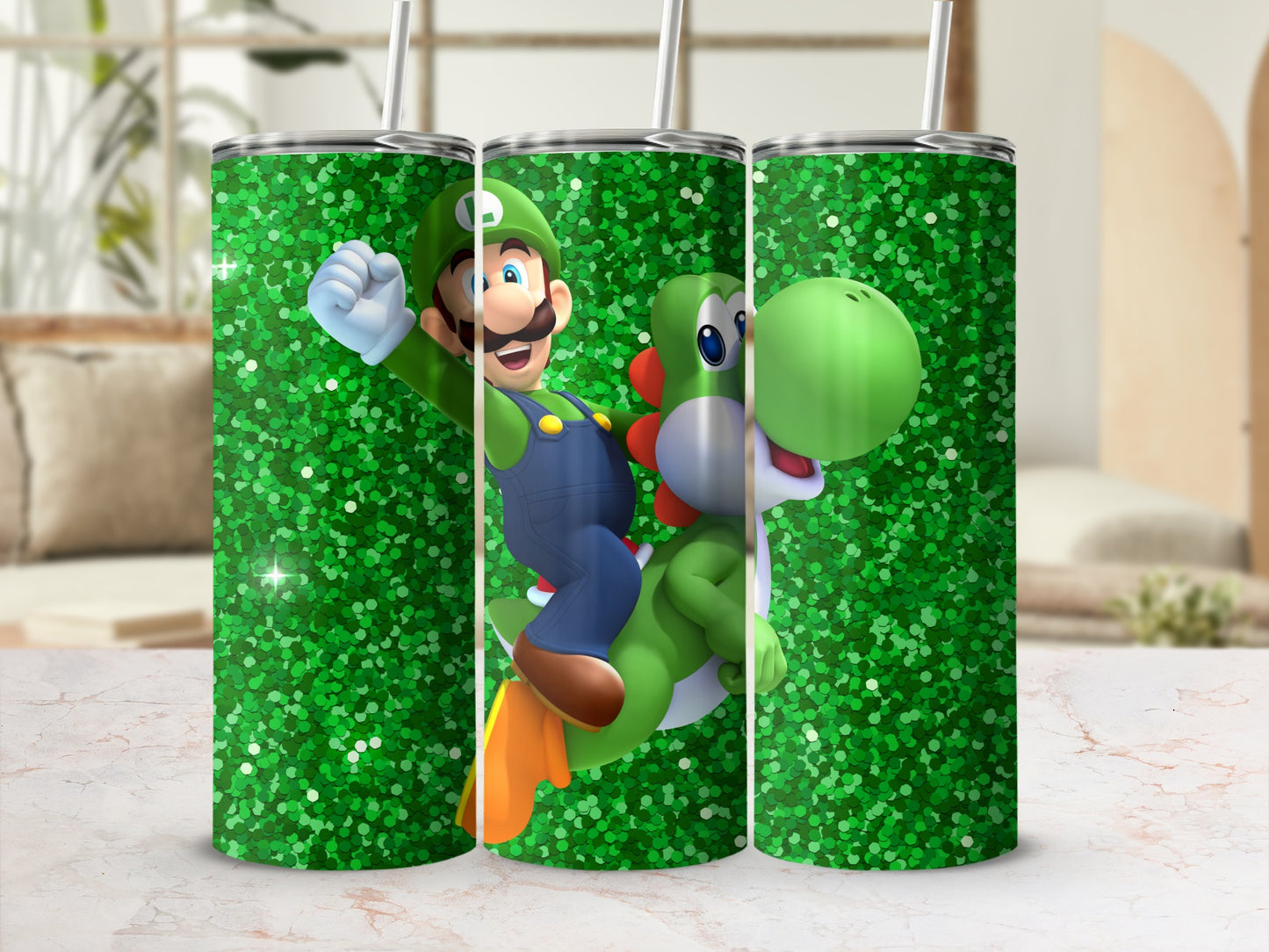 Luigi and Yoshi Green Glitter Tumbler