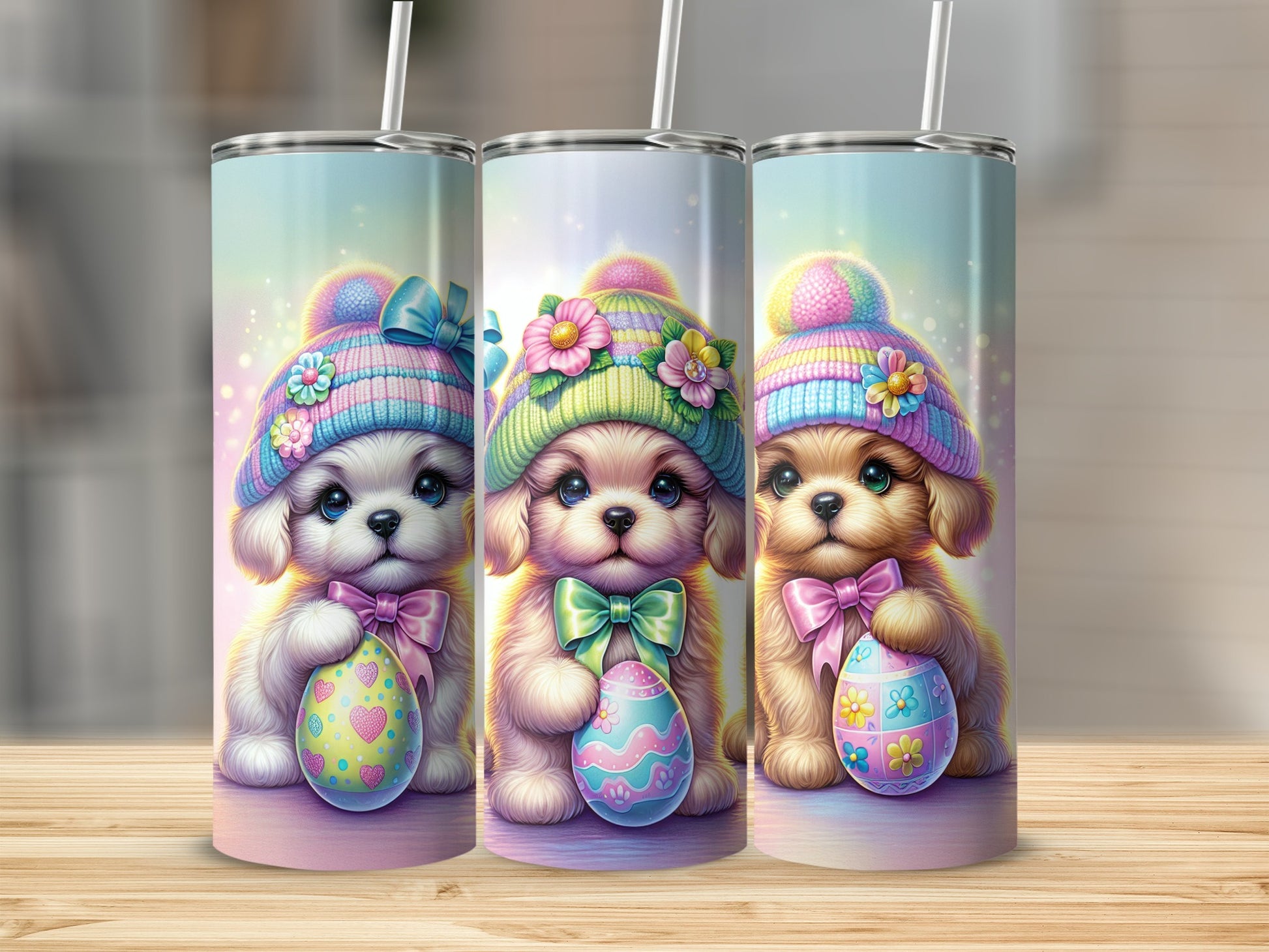 Three puppies in colorful hats hold Easter eggs, with hats featuring pom-poms and flowers.