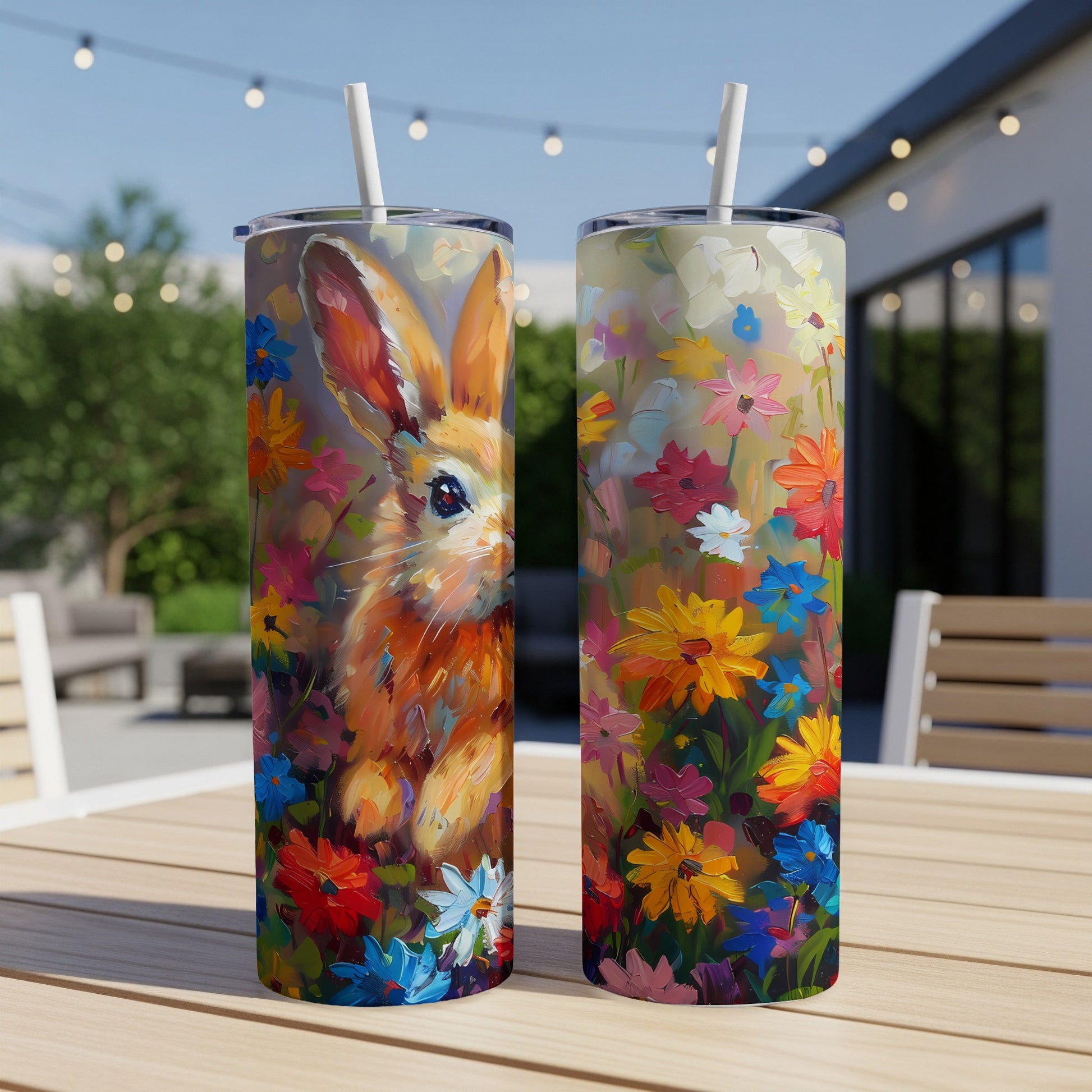 Bunny and colorful flowers painted design on a white tumbler.