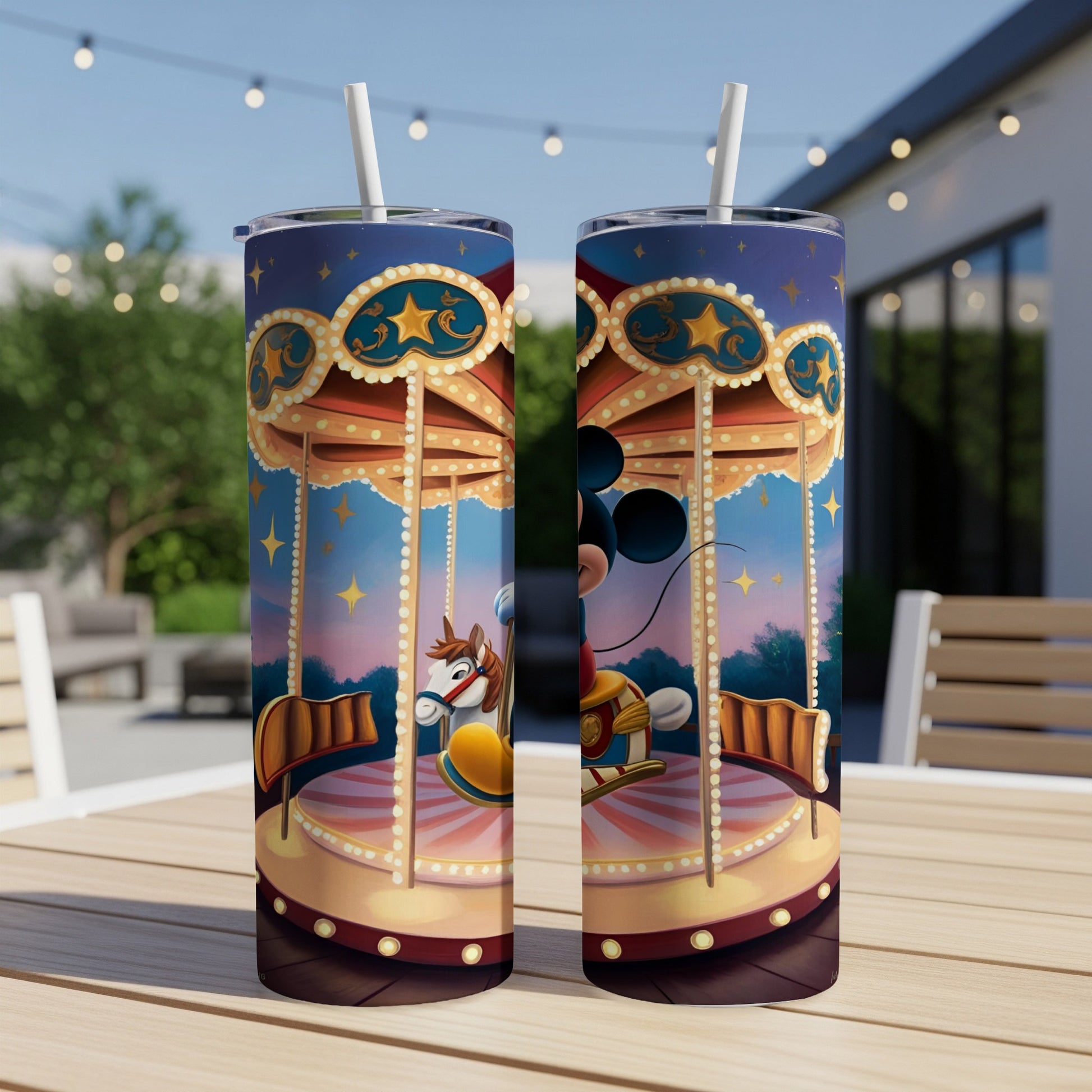 Mickey Mouse on a carousel horse on a festive tumbler.