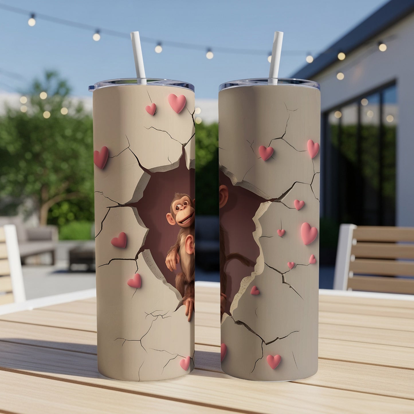 Two tumblers with monkey peeking through cracked wall and pink hearts.