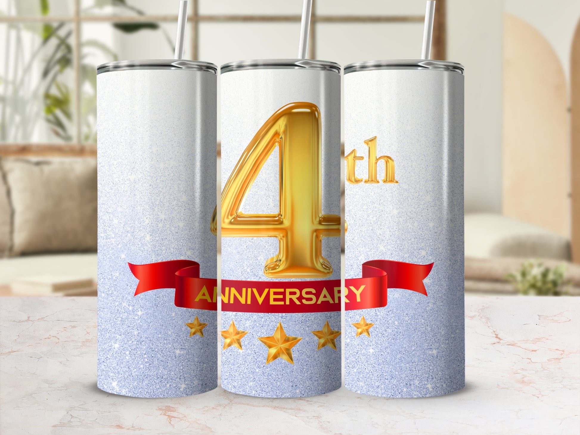 Gold "4th Anniversary" text on a glittery tumbler with stars and a red ribbon.