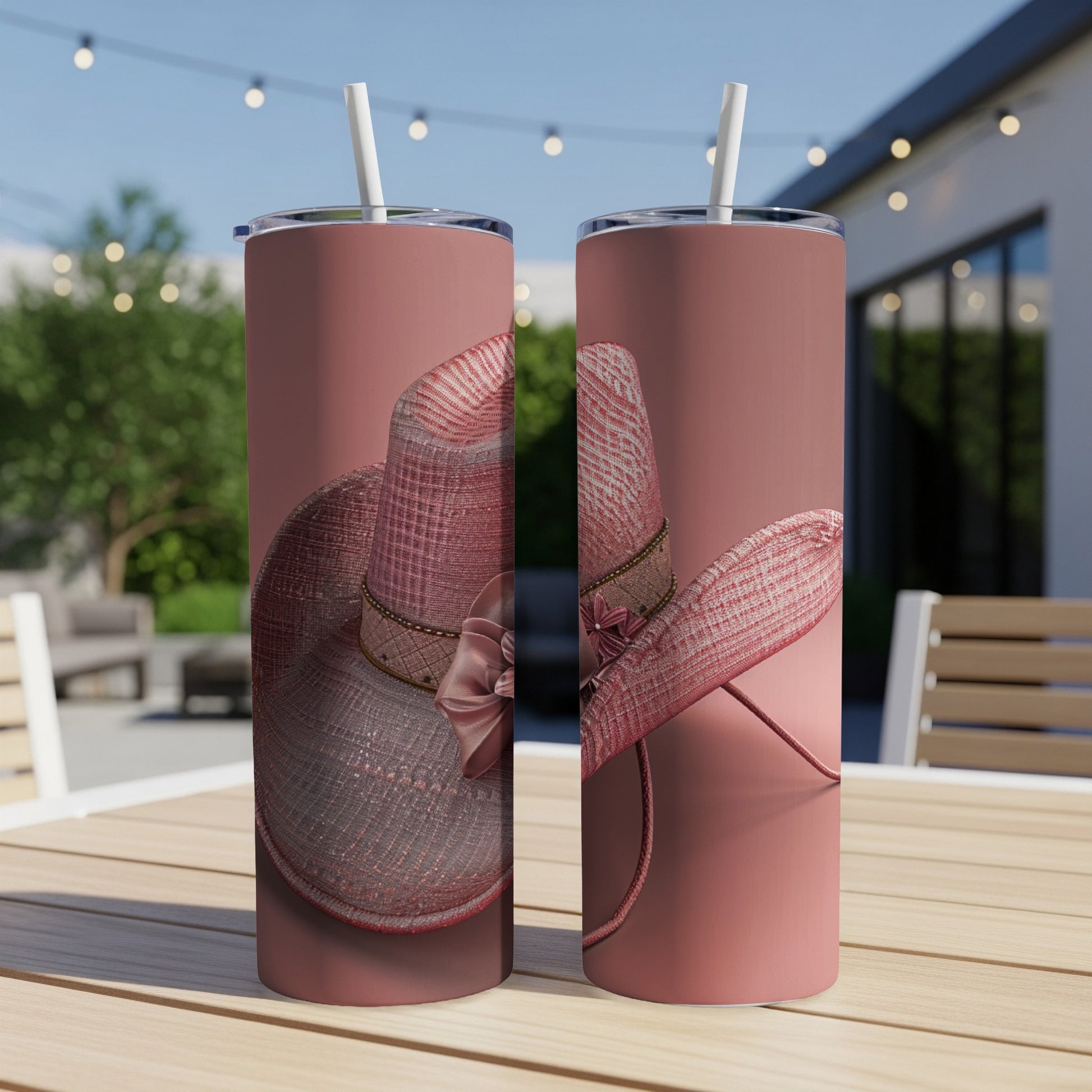 Two pink woven hats with bows sit on a table.