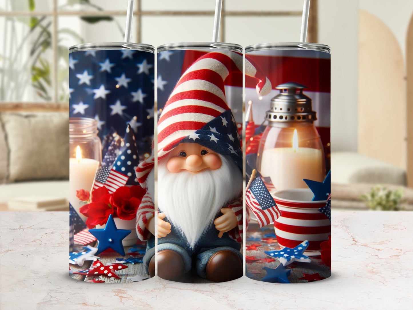 Gnome wearing American flag hat and overalls, surrounded by flags and stars.