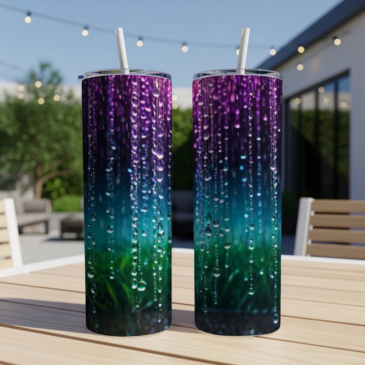 Two tumblers with purple and green dripping effect.