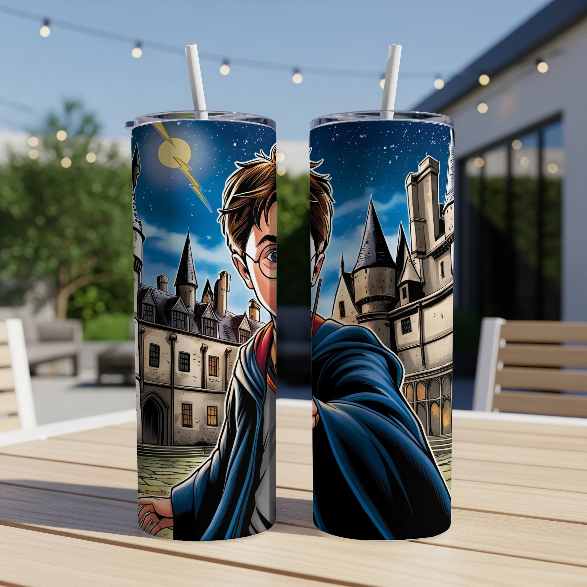 Harry Potter character with wand and Hogwarts castle on a tumbler.