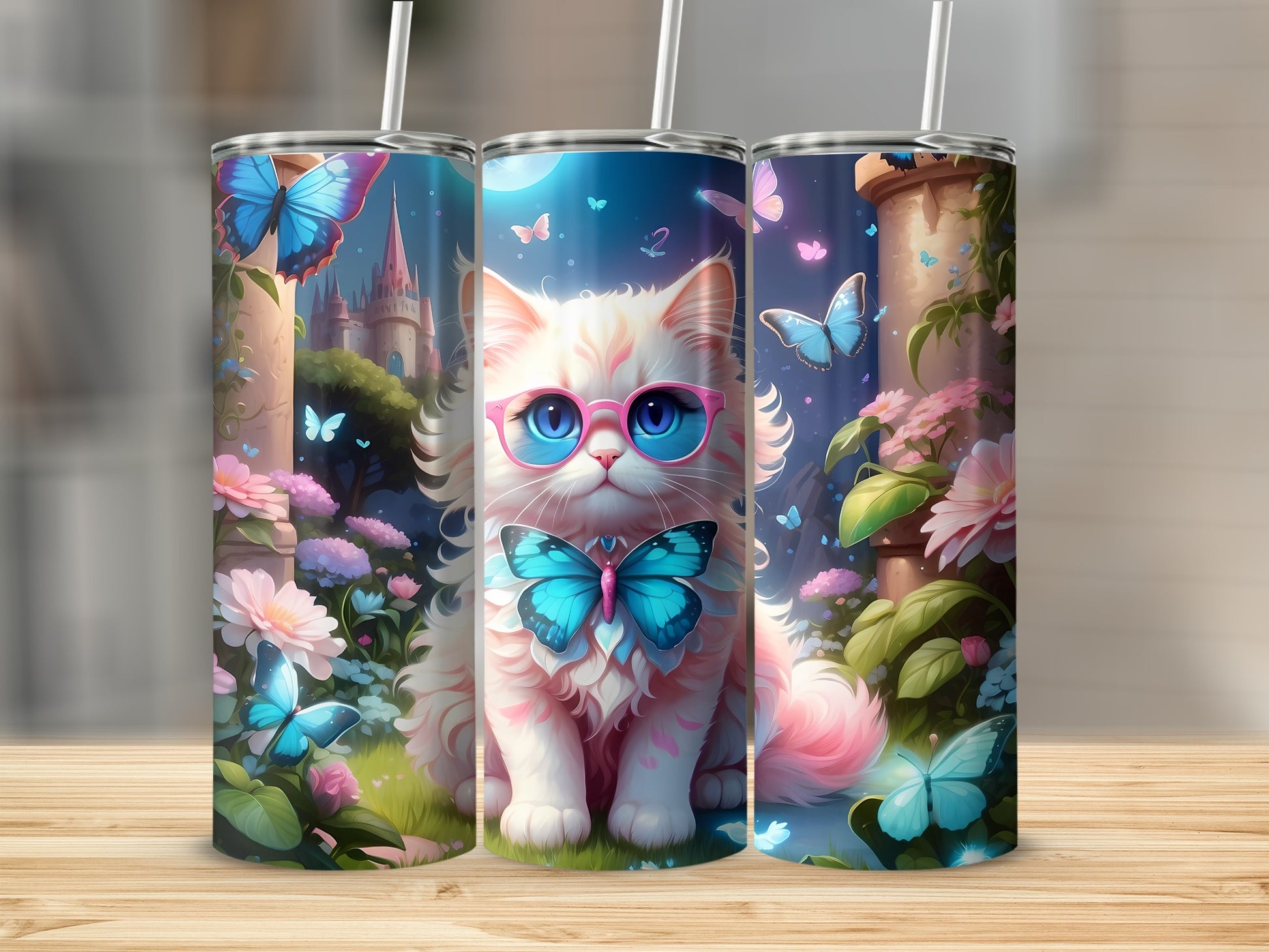 Fluffy white cat with pink glasses and blue butterfly bow, surrounded by butterflies.