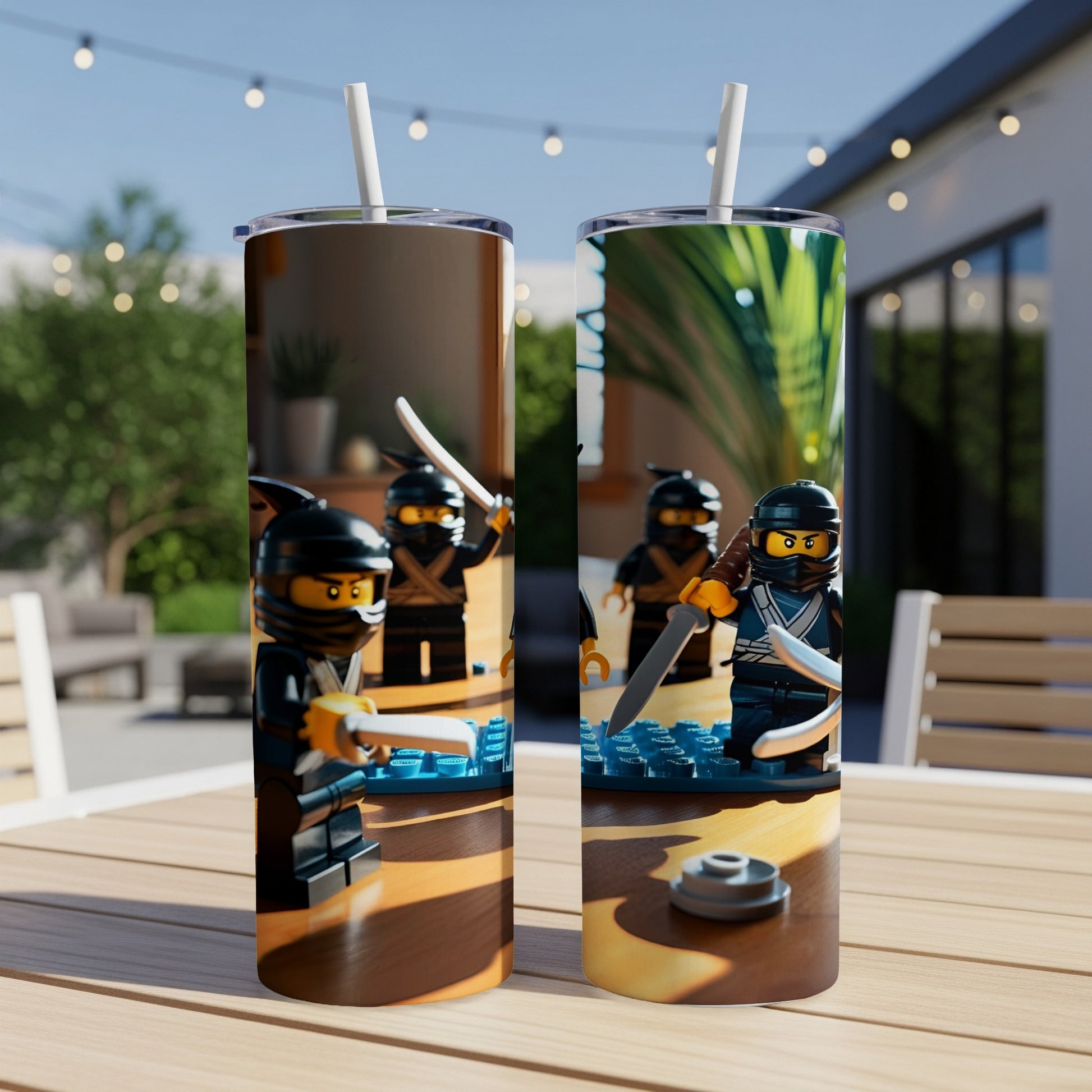 Two Lego ninja tumblers on a wooden table, outdoors.