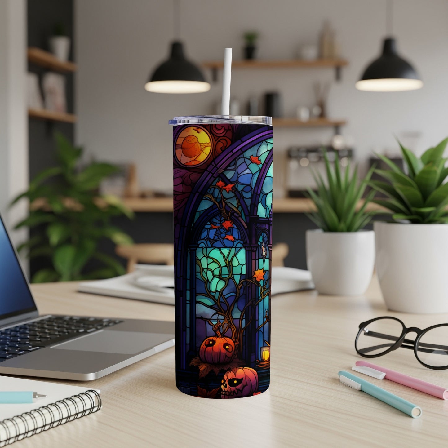 Stained glass tumbler with Halloween pumpkins and moon design.
