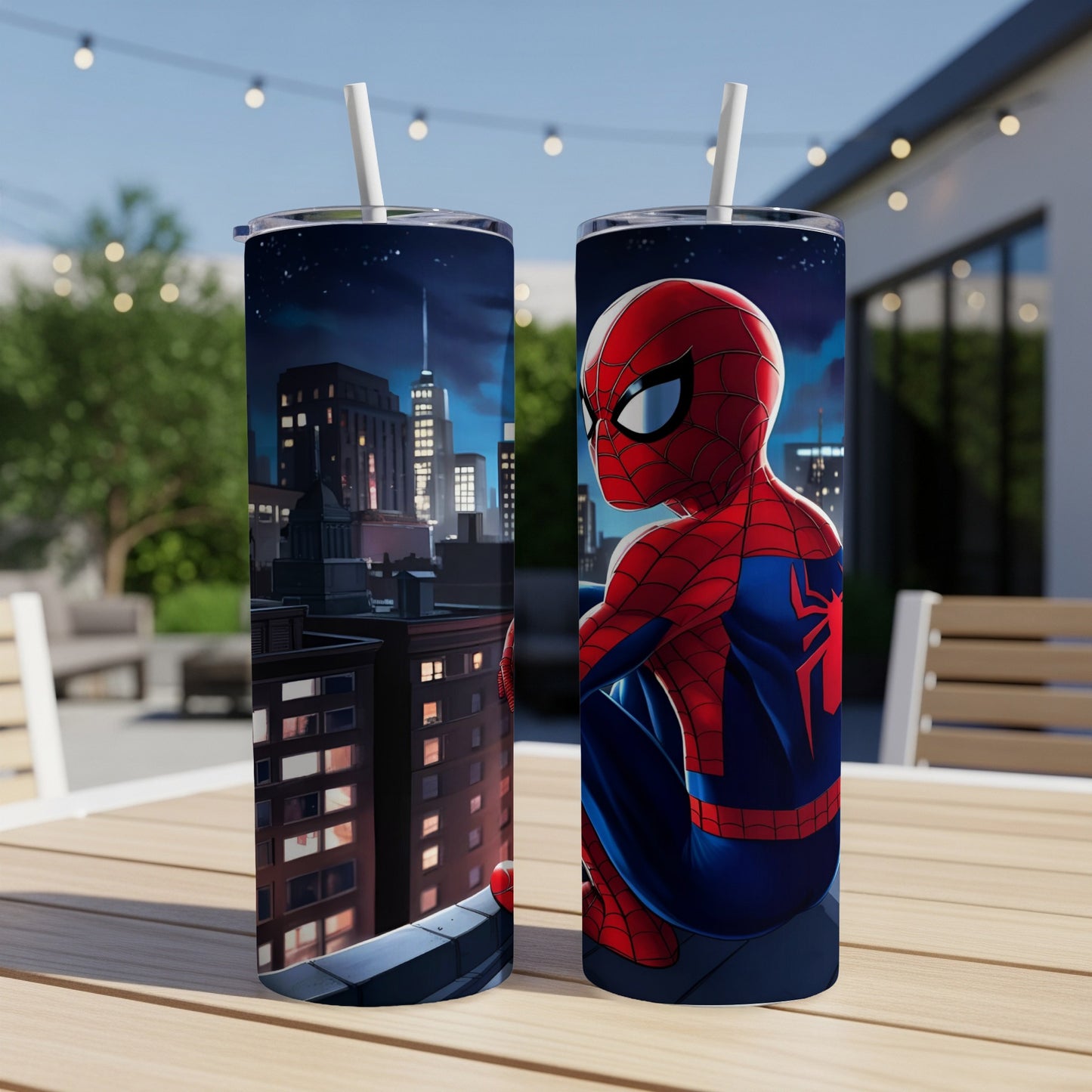 Spider-Man crouched on a rooftop overlooking a city at night.