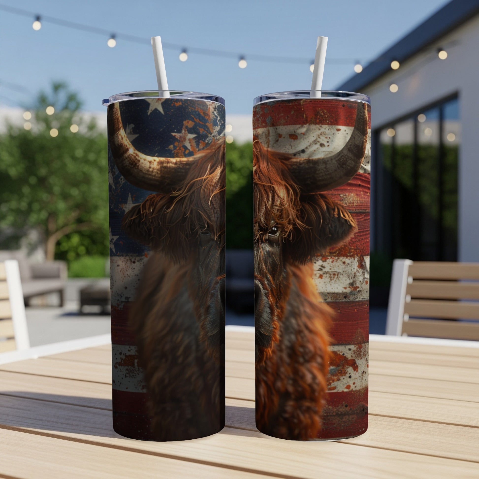 Highland cow with American flag distressed graphic on two tumblers.