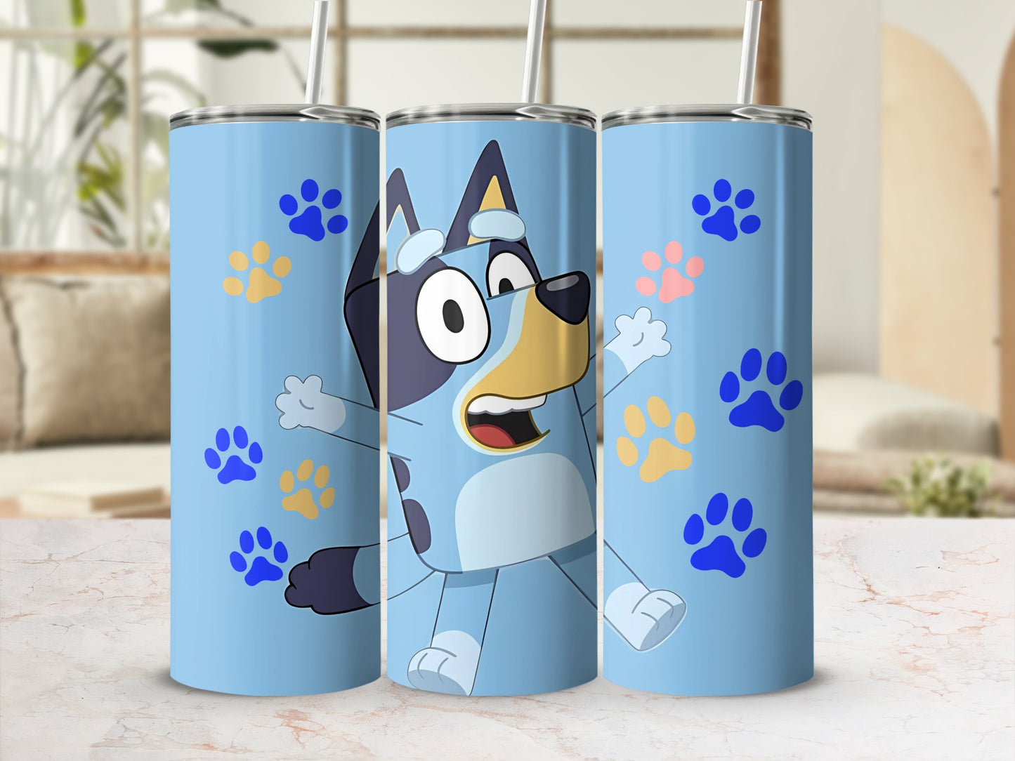 Cute Blue Cartoon Character with Paw Prints Tumbler
