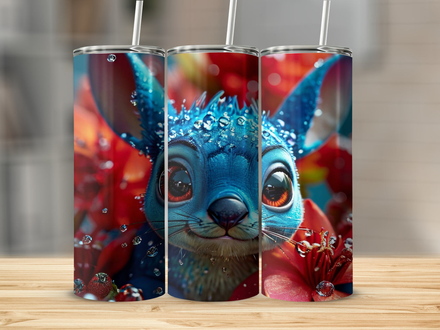 Blue alien character with large eyes and red flowers on a tumbler.