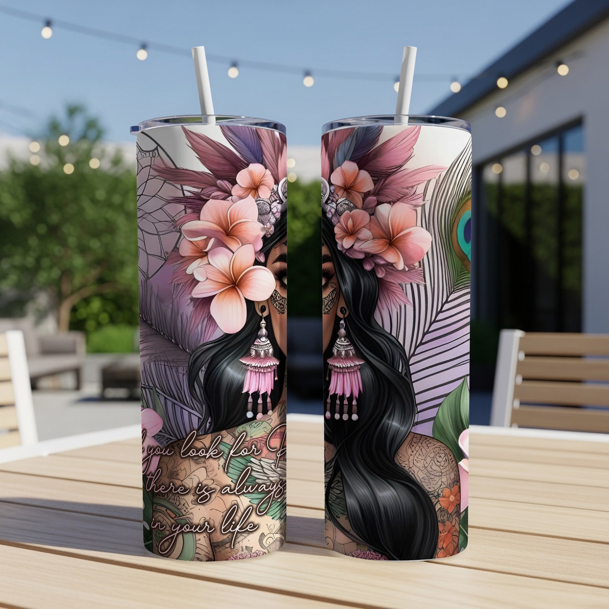 Two identical tumblers with floral and peacock feather designs.