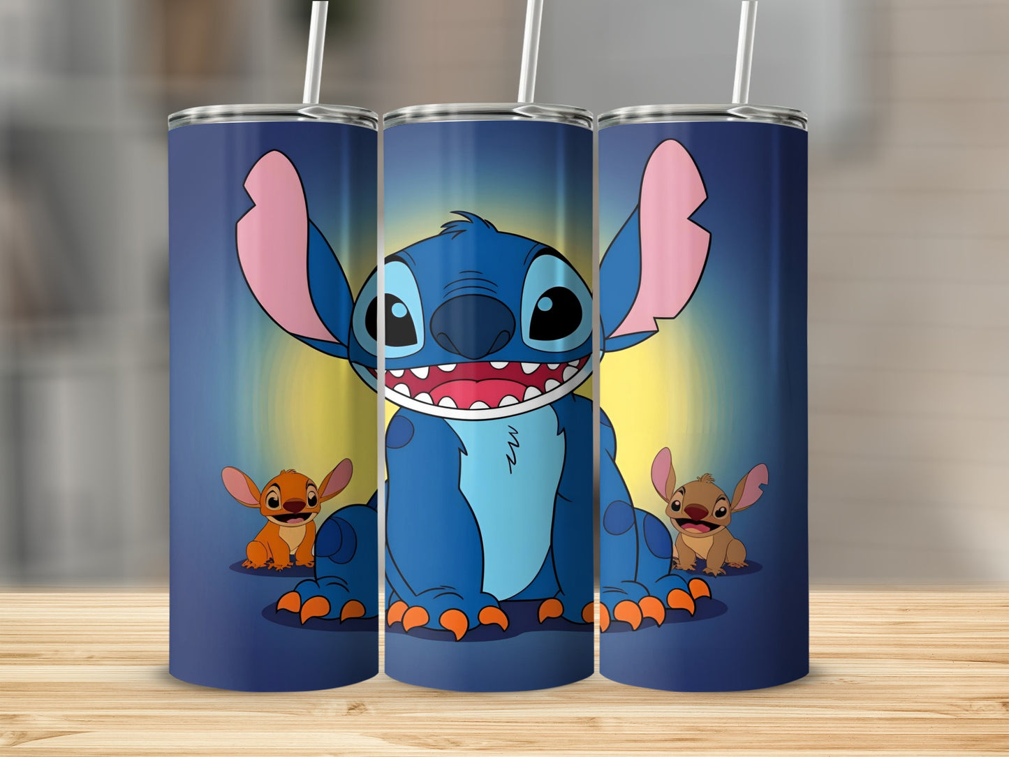 Stitch character with two smaller versions on a dark blue background with yellow glow.