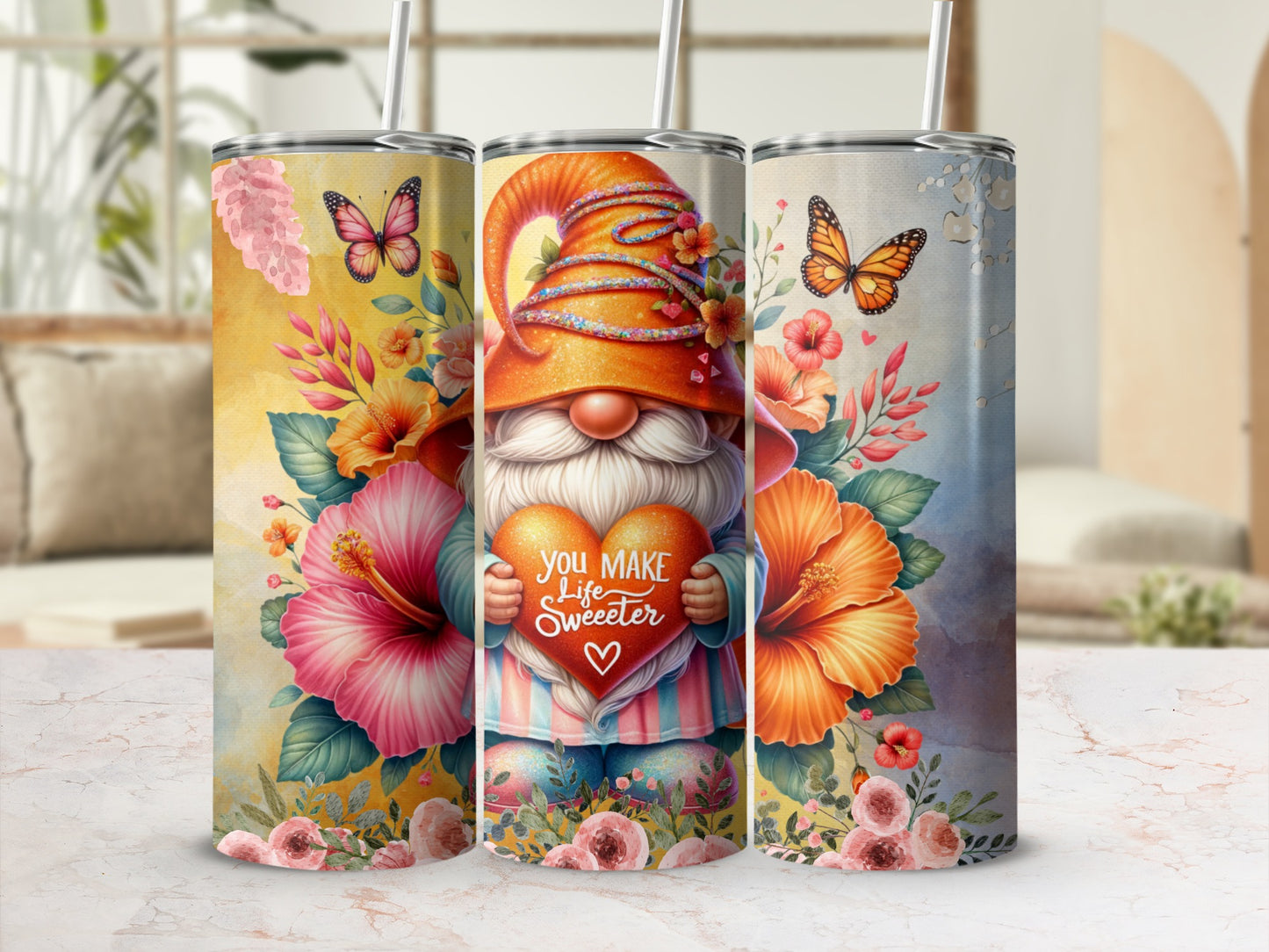 Vibrant Floral Gnome Tumbler You Make Life Sweeter Design