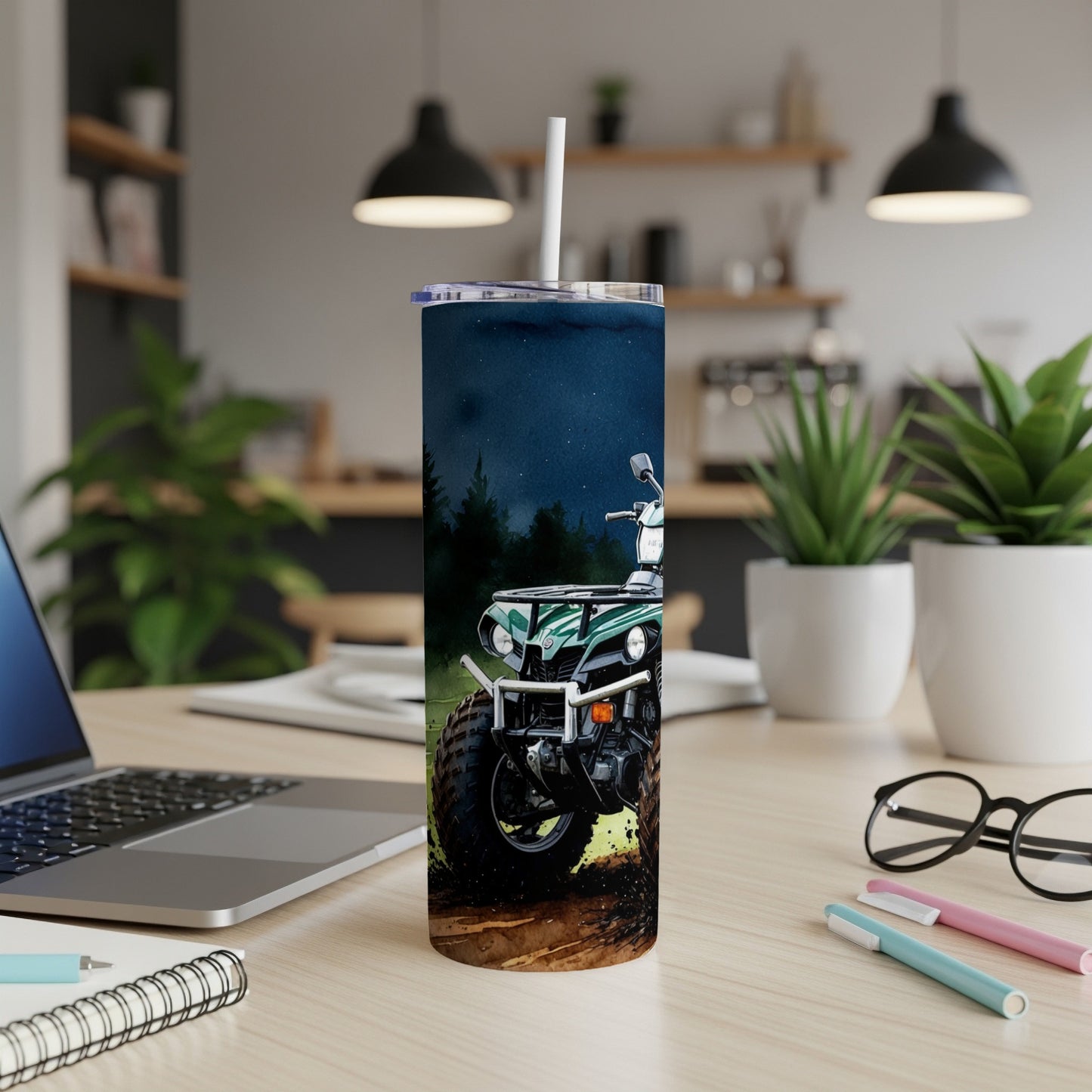 Green and white all-terrain vehicle graphic on a tumbler with a straw.