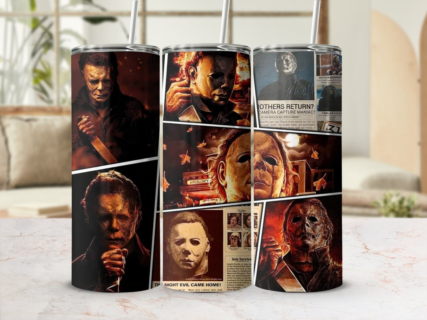 Michael Myers mask, newspaper clippings, and flames on three tumblers.