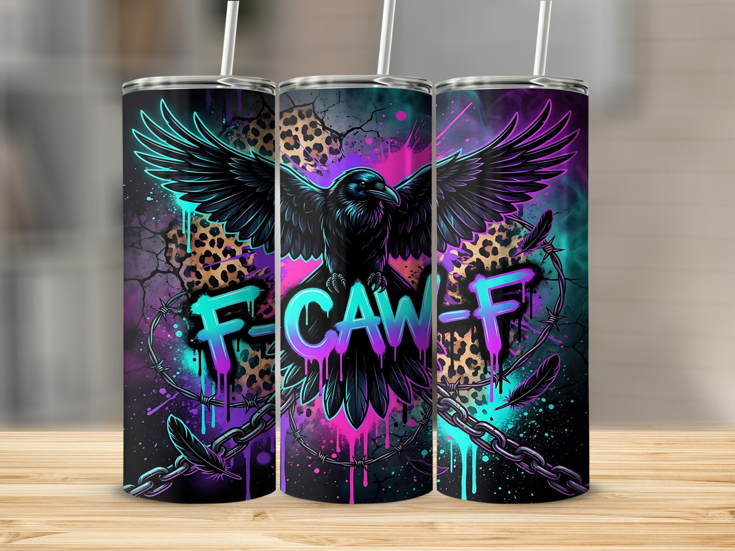 Black crow with wings spread, "F-CAW-F" text, chains, and feathers on a tumbler.