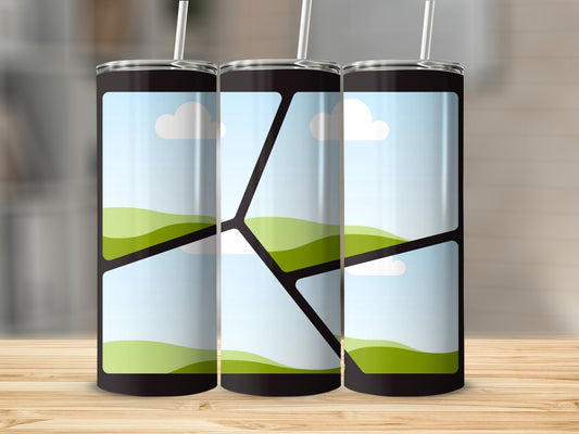 Three tumblers with a segmented landscape design and white straws.