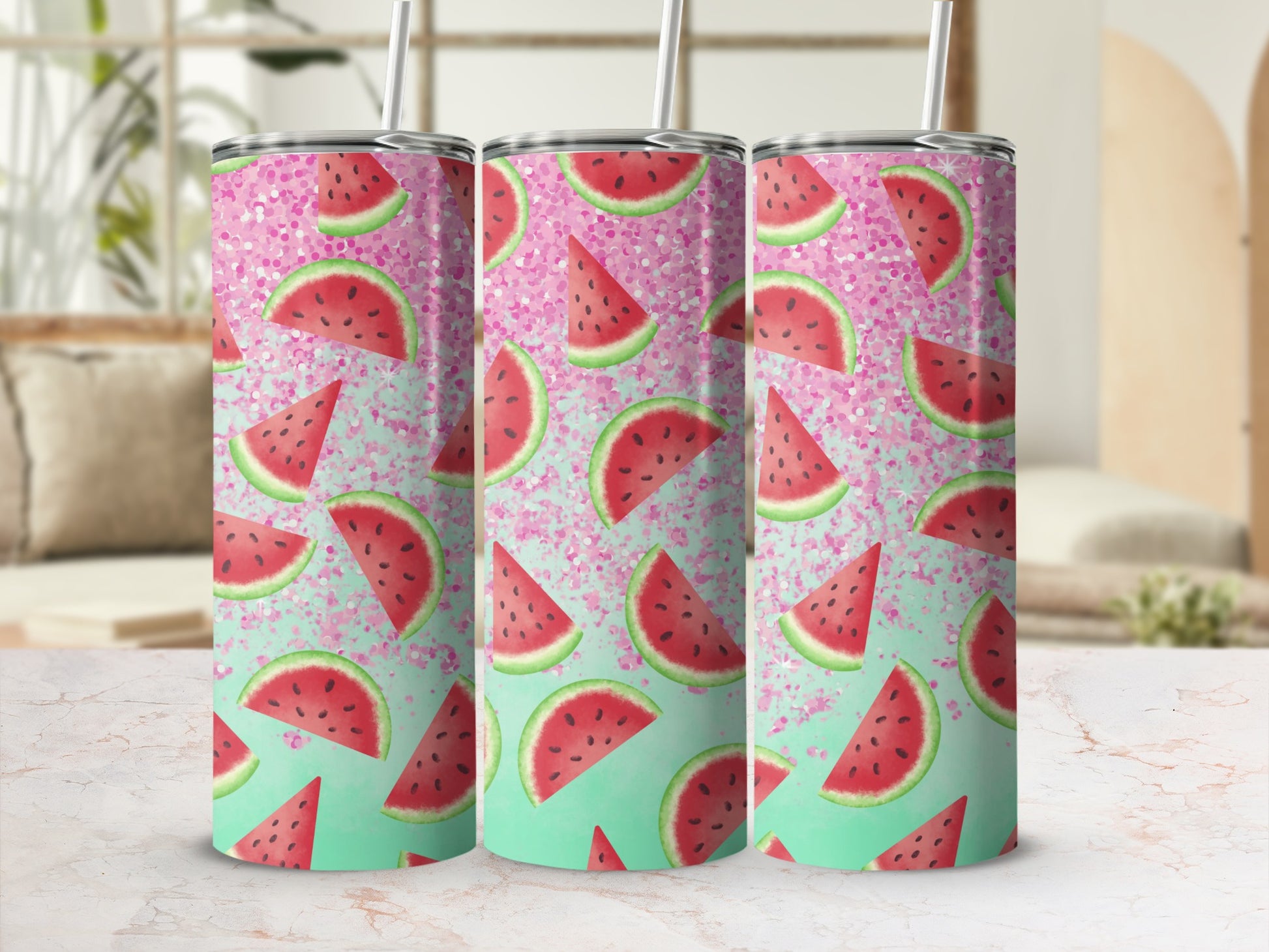 Three tumblers with watermelon slices and glitter pattern.