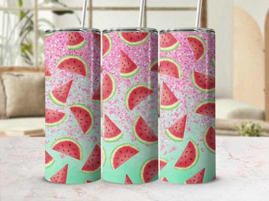 Three tumblers with watermelon slices and glitter pattern.
