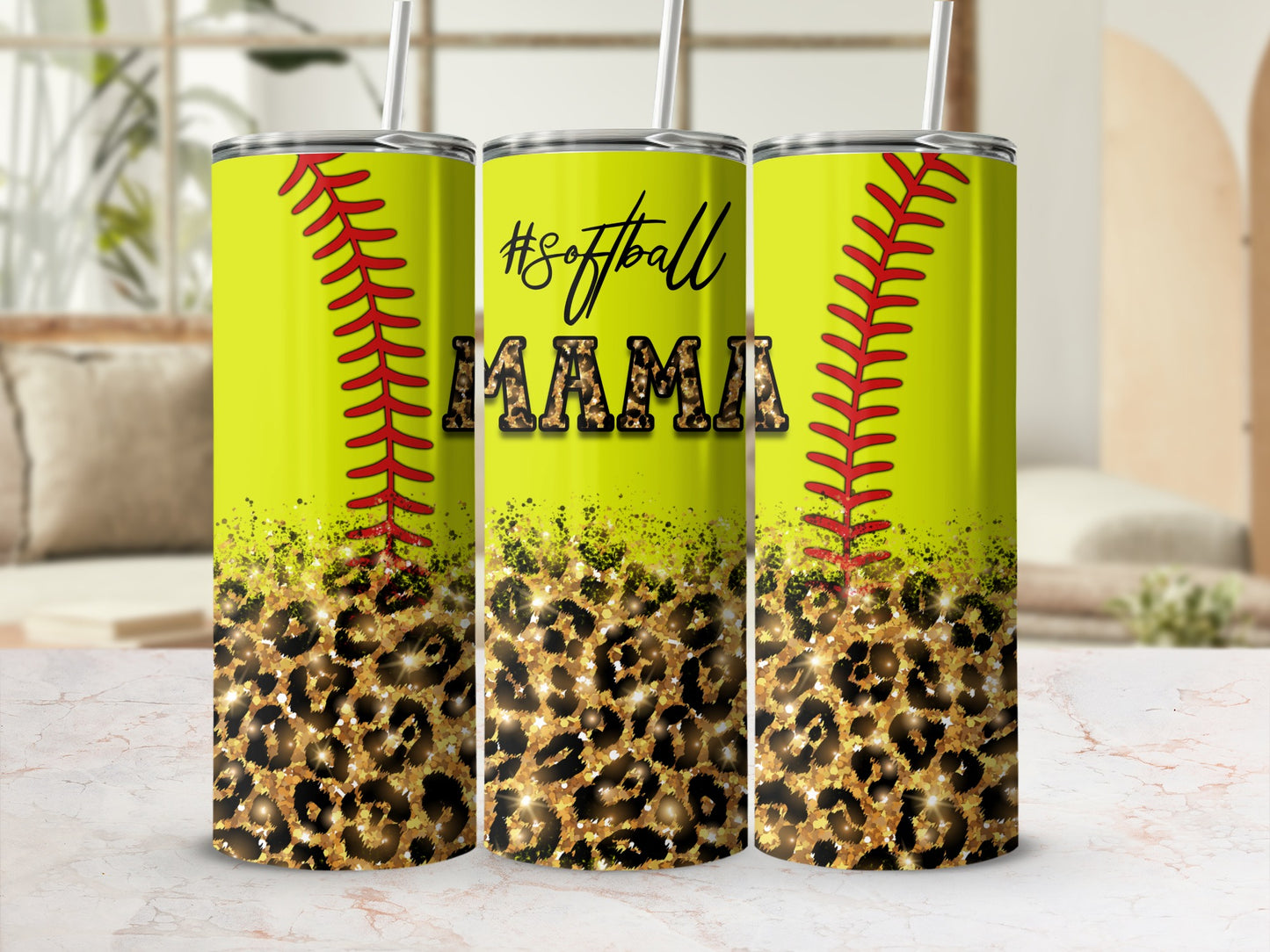 Yellow tumbler with #Softball Mama, baseball stitching, and leopard print.