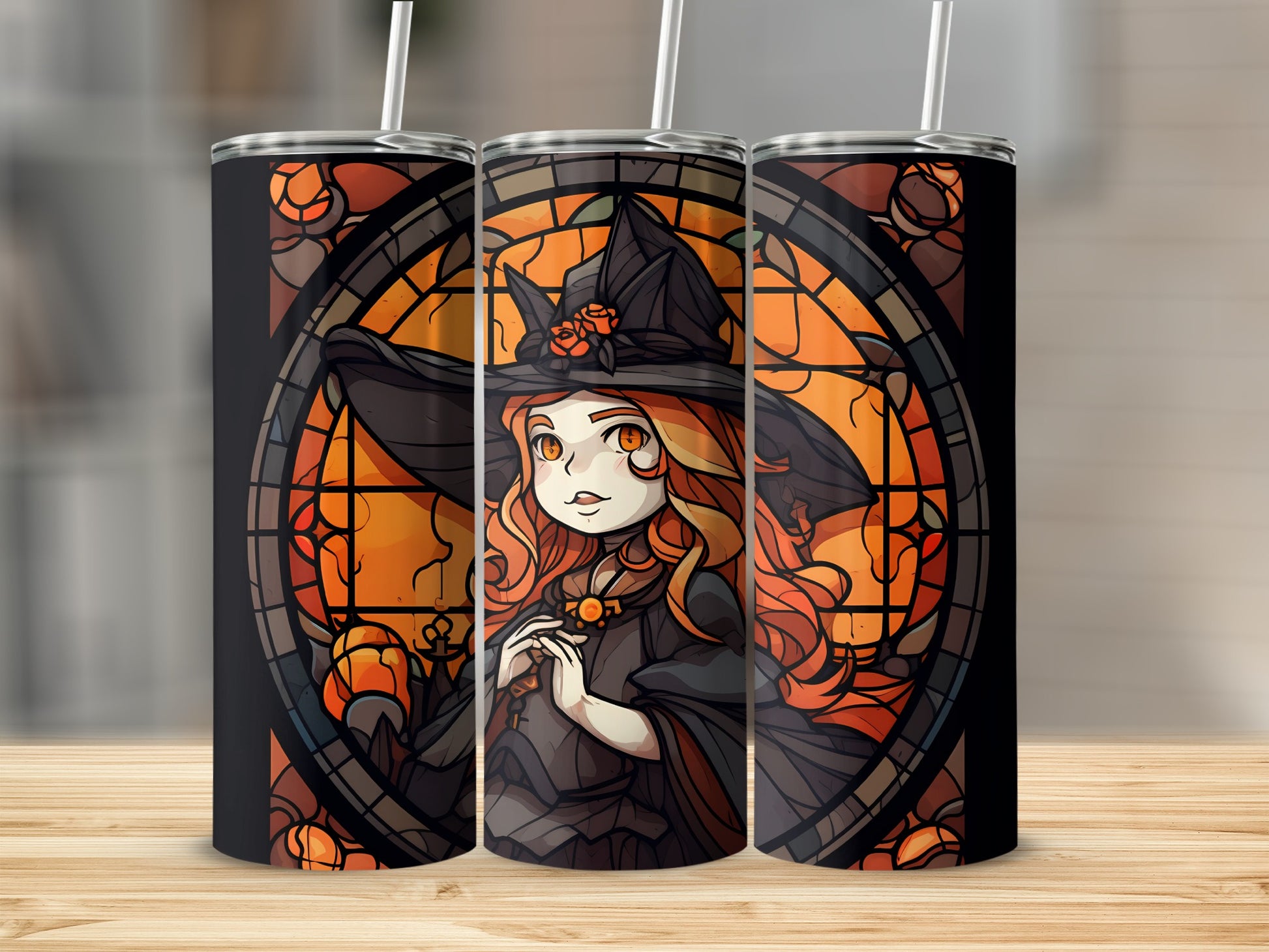 Stained glass witch with long red hair on a tumbler.