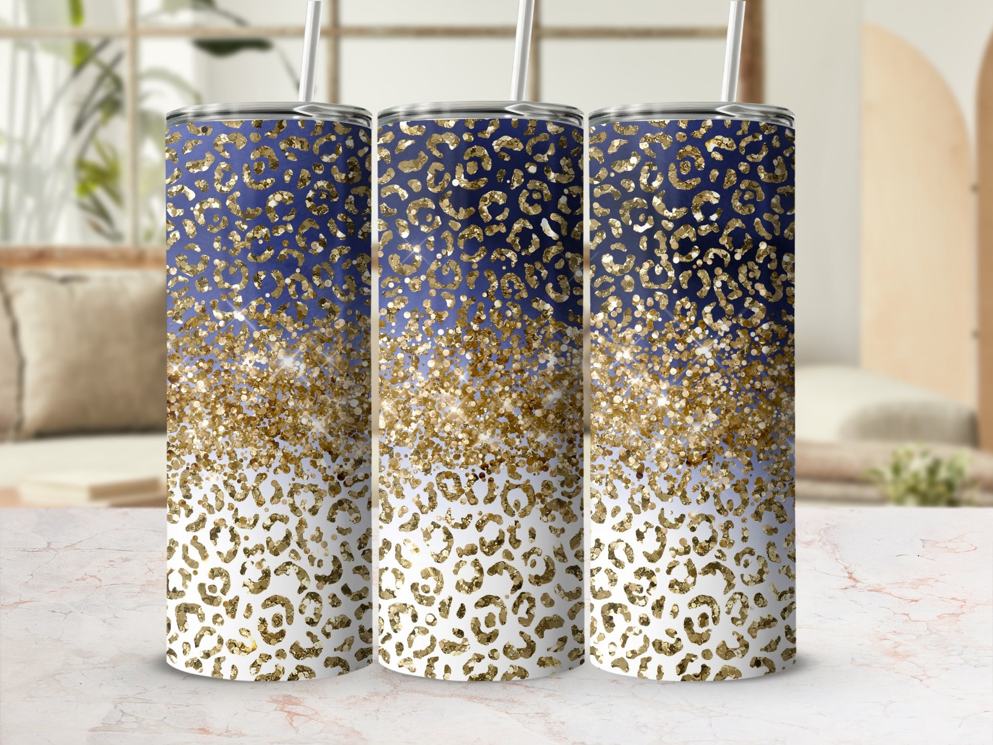 Glitter Leopard Print Tumbler with Straw 20 Oz