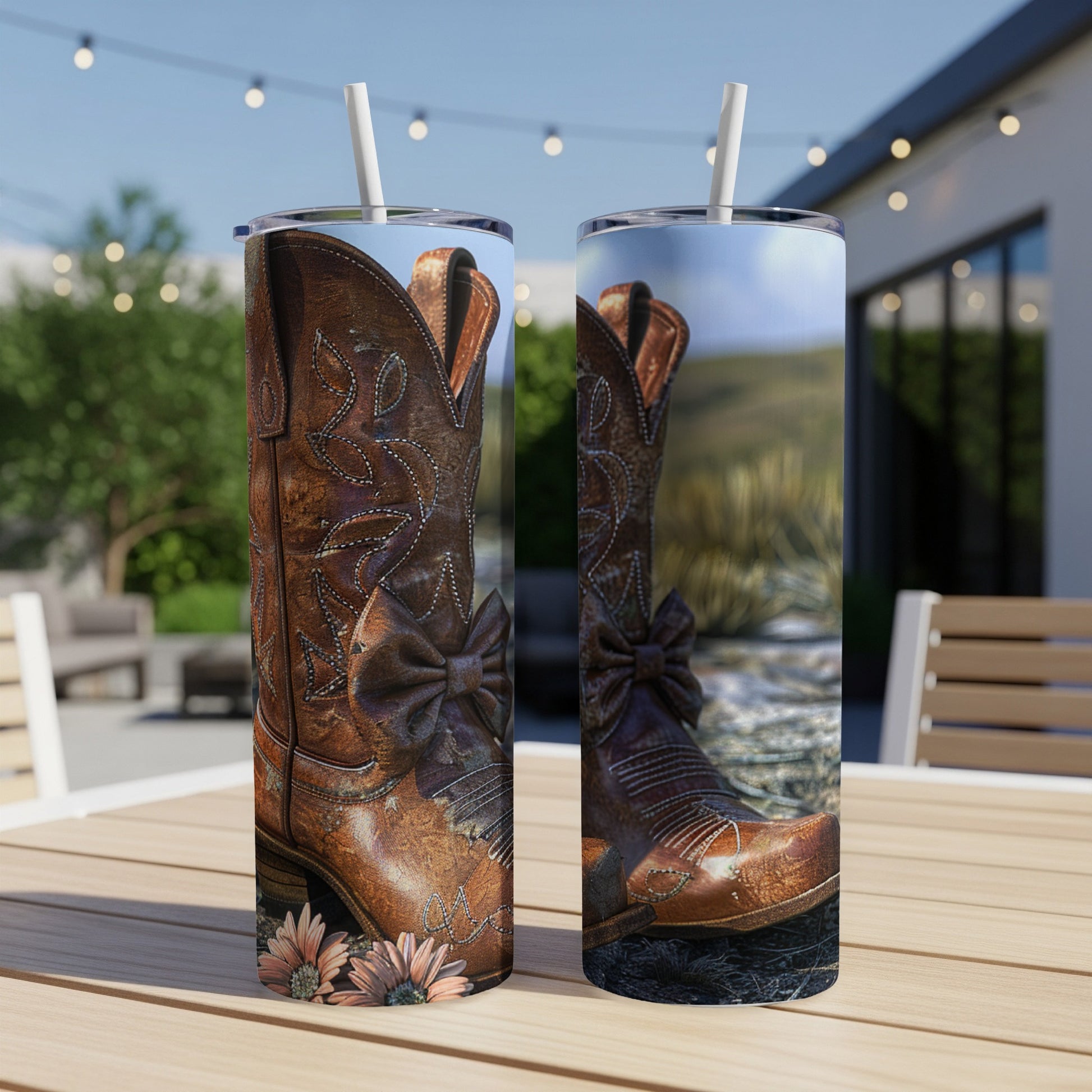 Two western cowboy boots with floral and bow details on a rustic background.