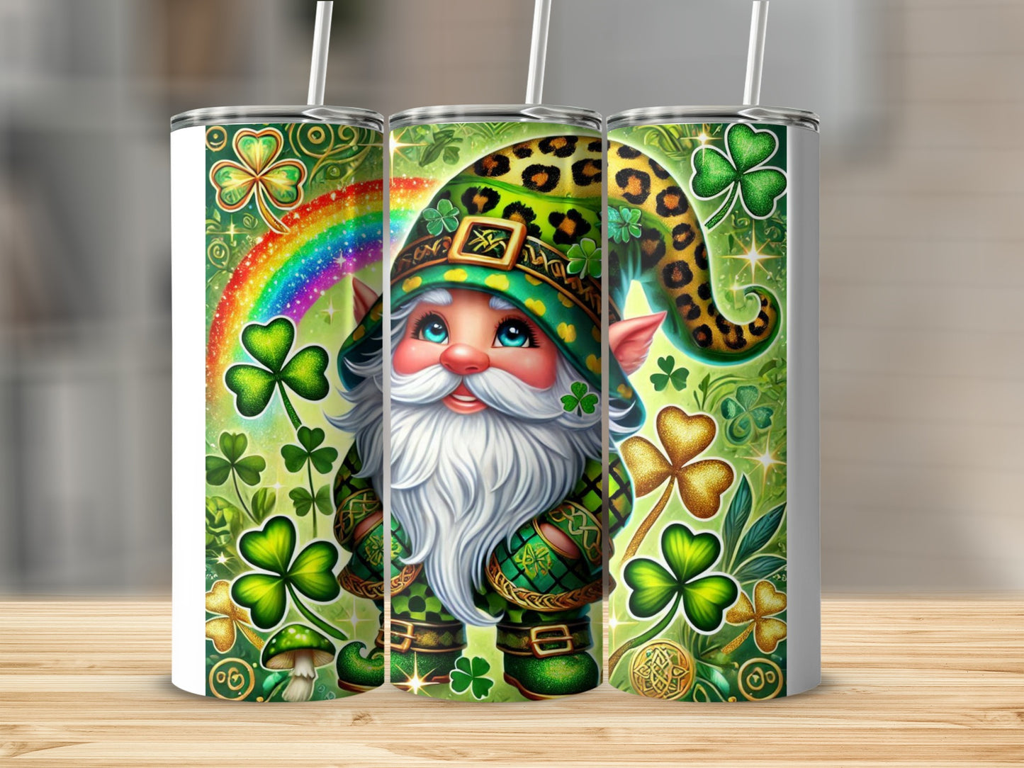 St. Patrick's Day gnome with rainbow and shamrocks on a tumbler.