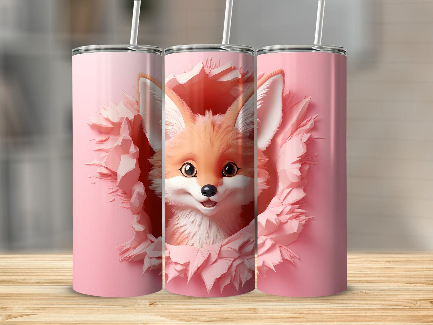 Cute Fox Art Pink Tumbler for Kids or Adults