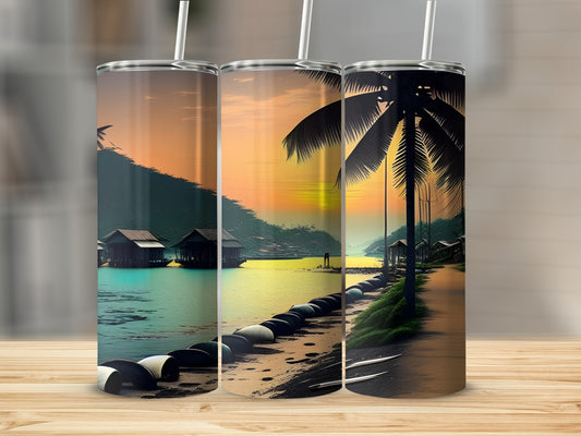 Exotic Sunset Beach Scene Stainless Steel Tumbler