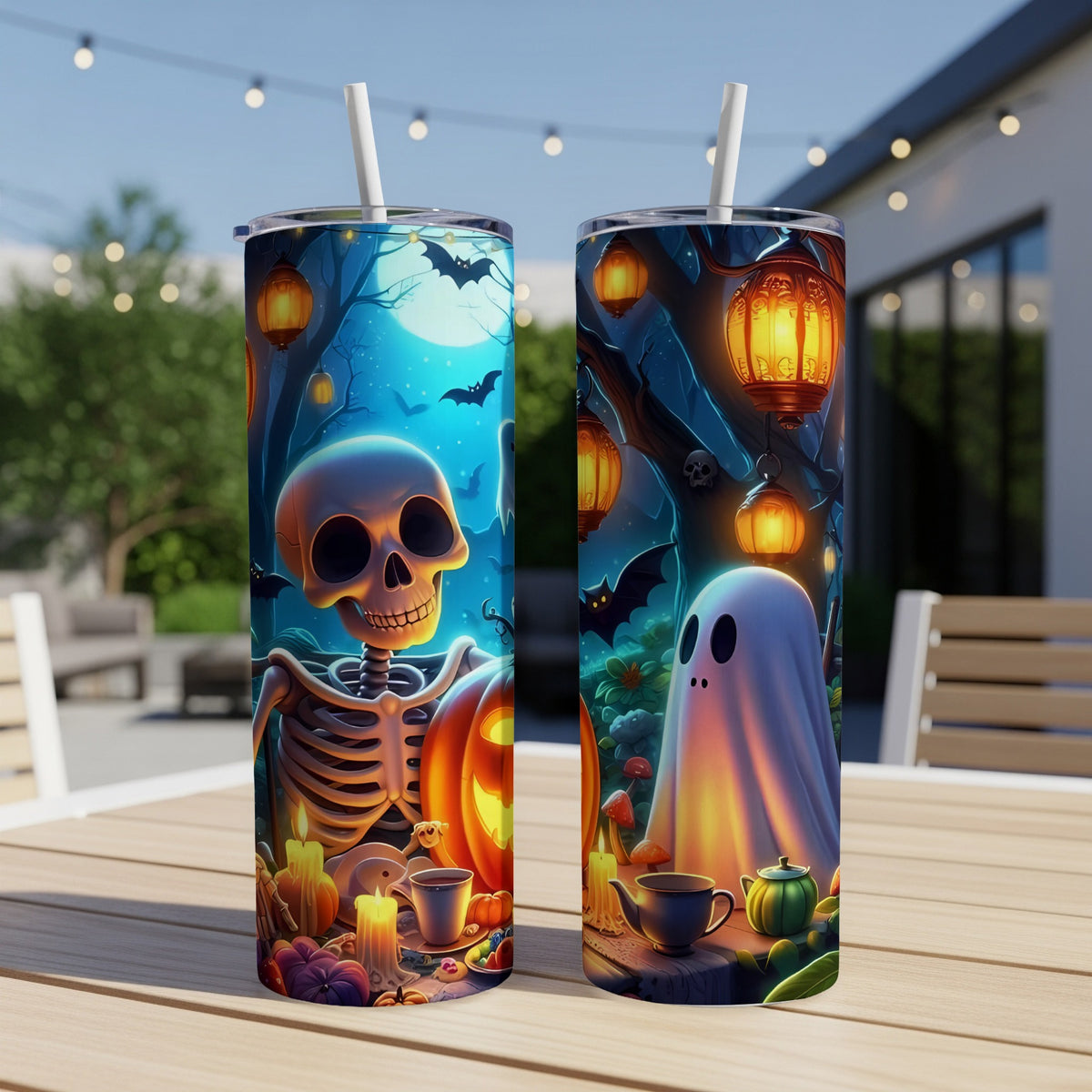 Two tumblers with Halloween designs featuring a skeleton, ghost, pumpkins, and lanterns.