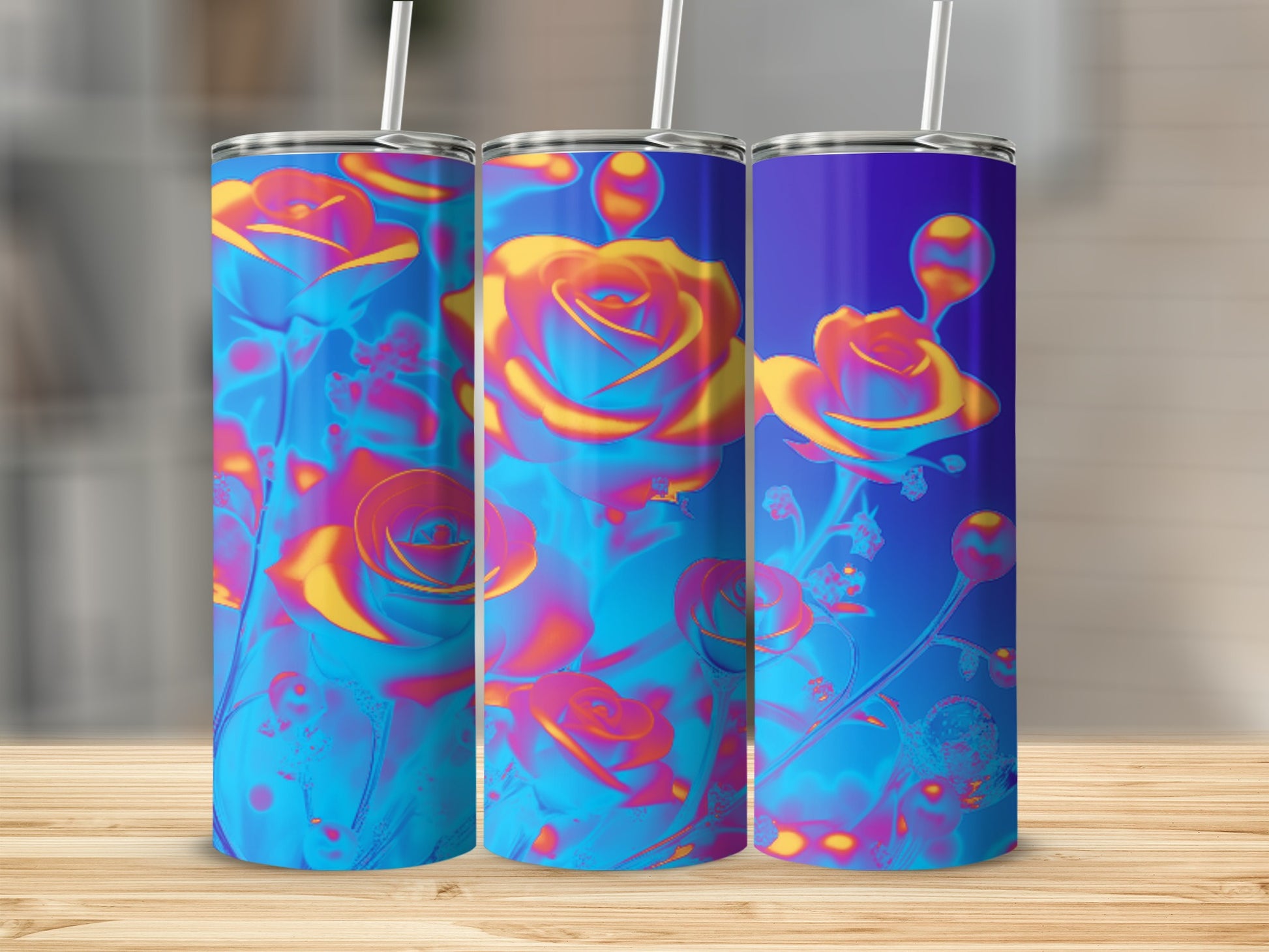 Three tumblers with iridescent rose floral pattern on a wooden surface.