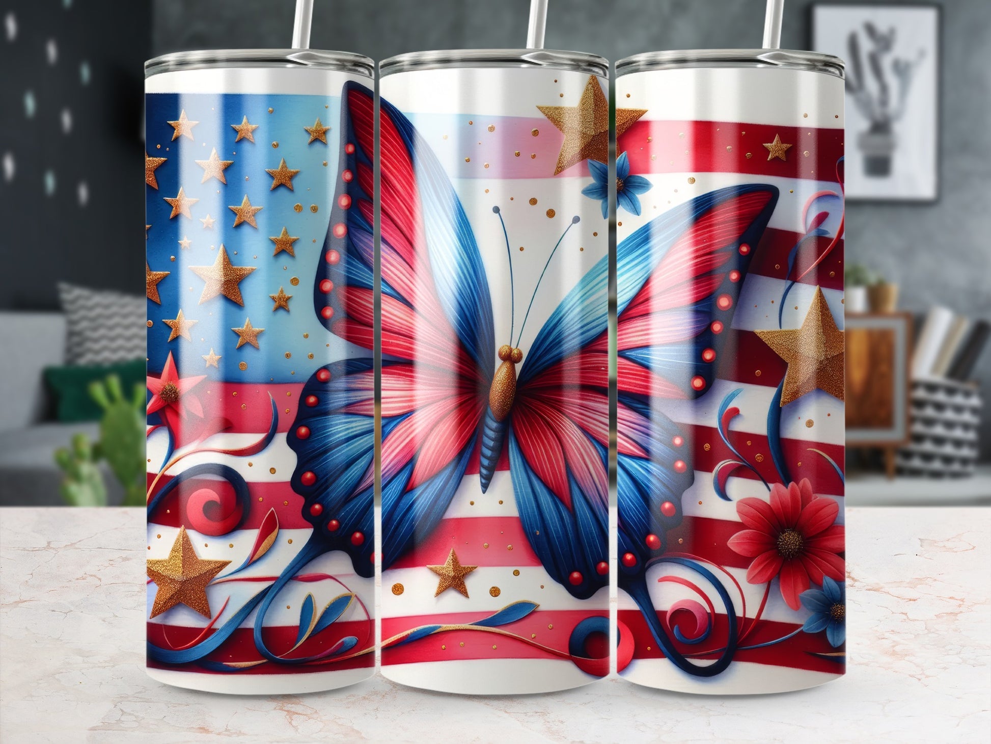 Patriotic butterfly and stars design on three tumblers.
