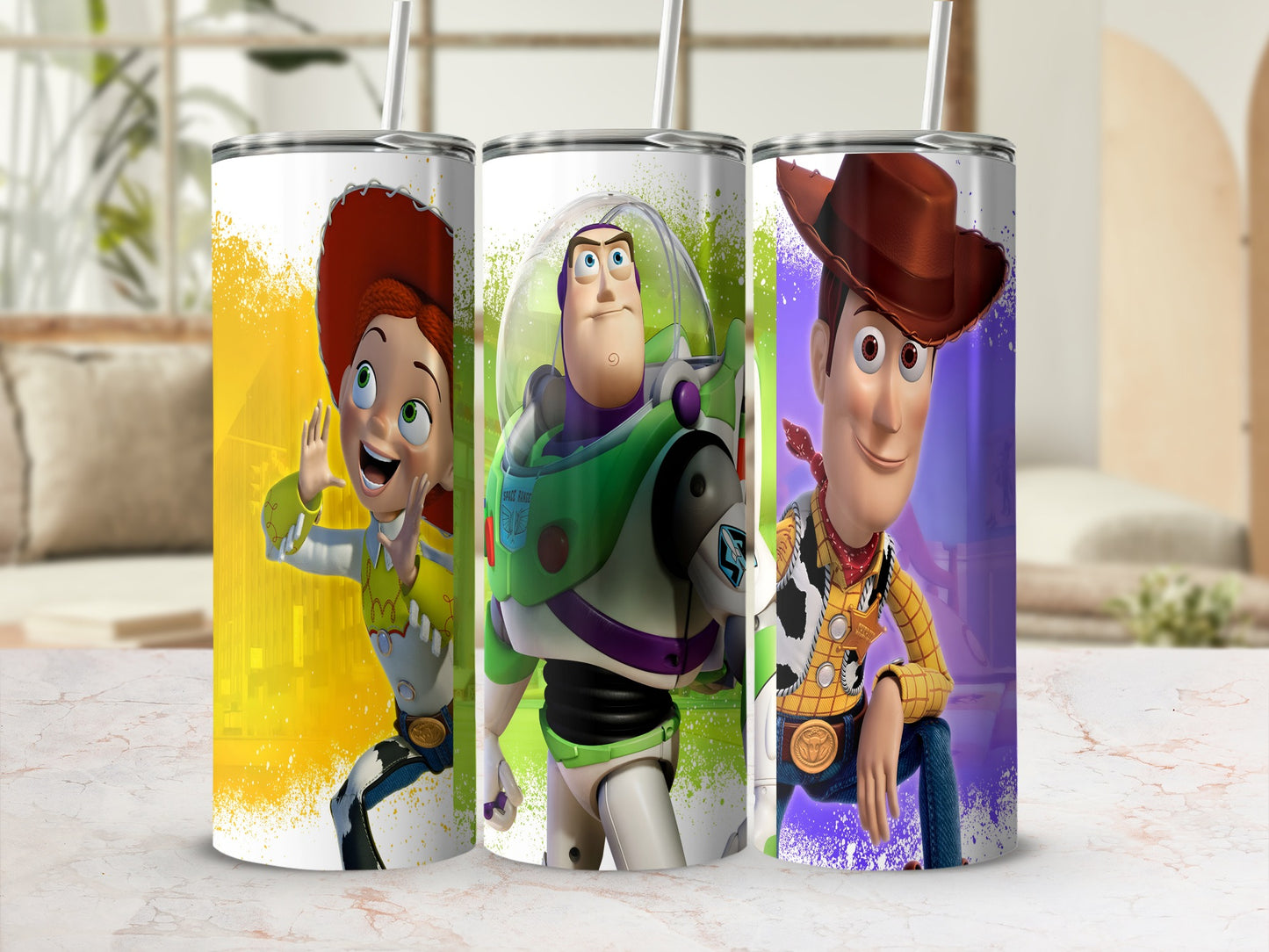 Jessie, Buzz Lightyear, and Woody characters on three tumblers with straw.