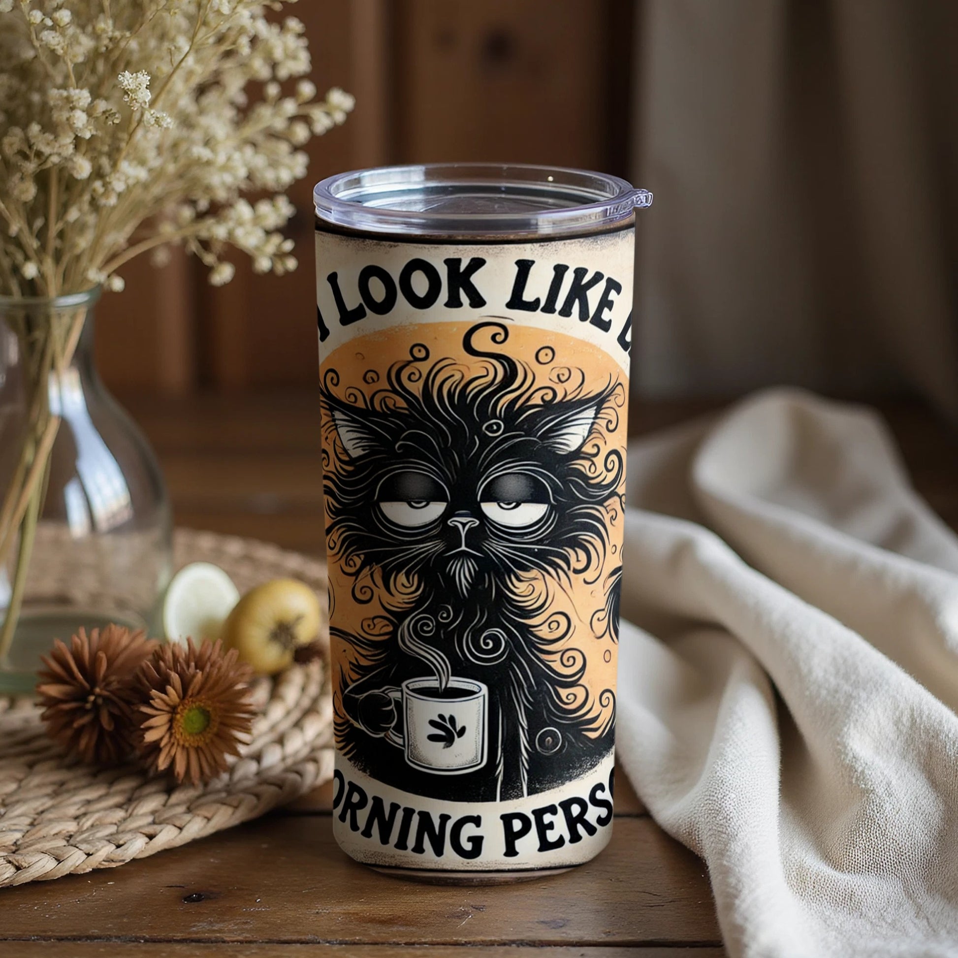 Funny Anti Morning Person Cat with Coffee Tumbler